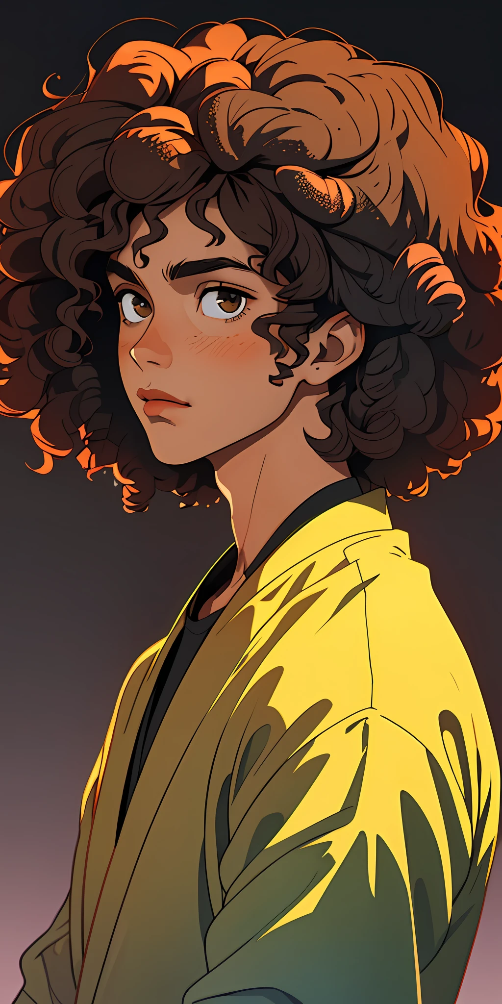 (best quality, masterpiece), 1boy, blurred background, upper body, contemporary, curly hair, beautiful, brown skin, black