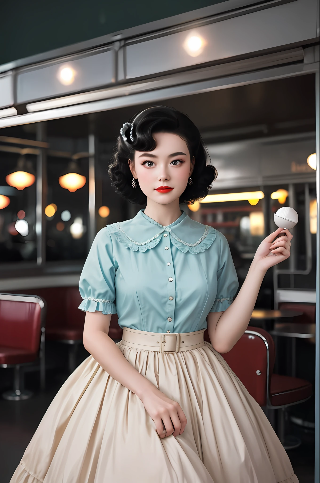 1girl dressed in a 1950s-inspired dress, complete with a full skirt and petticoat, her hair styled in classic pin curls. She should be seated at an old-fashioned diner, surrounded by vintage details like a jukebox, chrome accents, and neon signs. Her eyes should be sparkling with excitement, her skin flawless and glowing under the soft, dramatic lighting. This scene should be captured on 35mm film, with a beautiful depth of field and a slightly blurry, nostalgic background,
filmg,