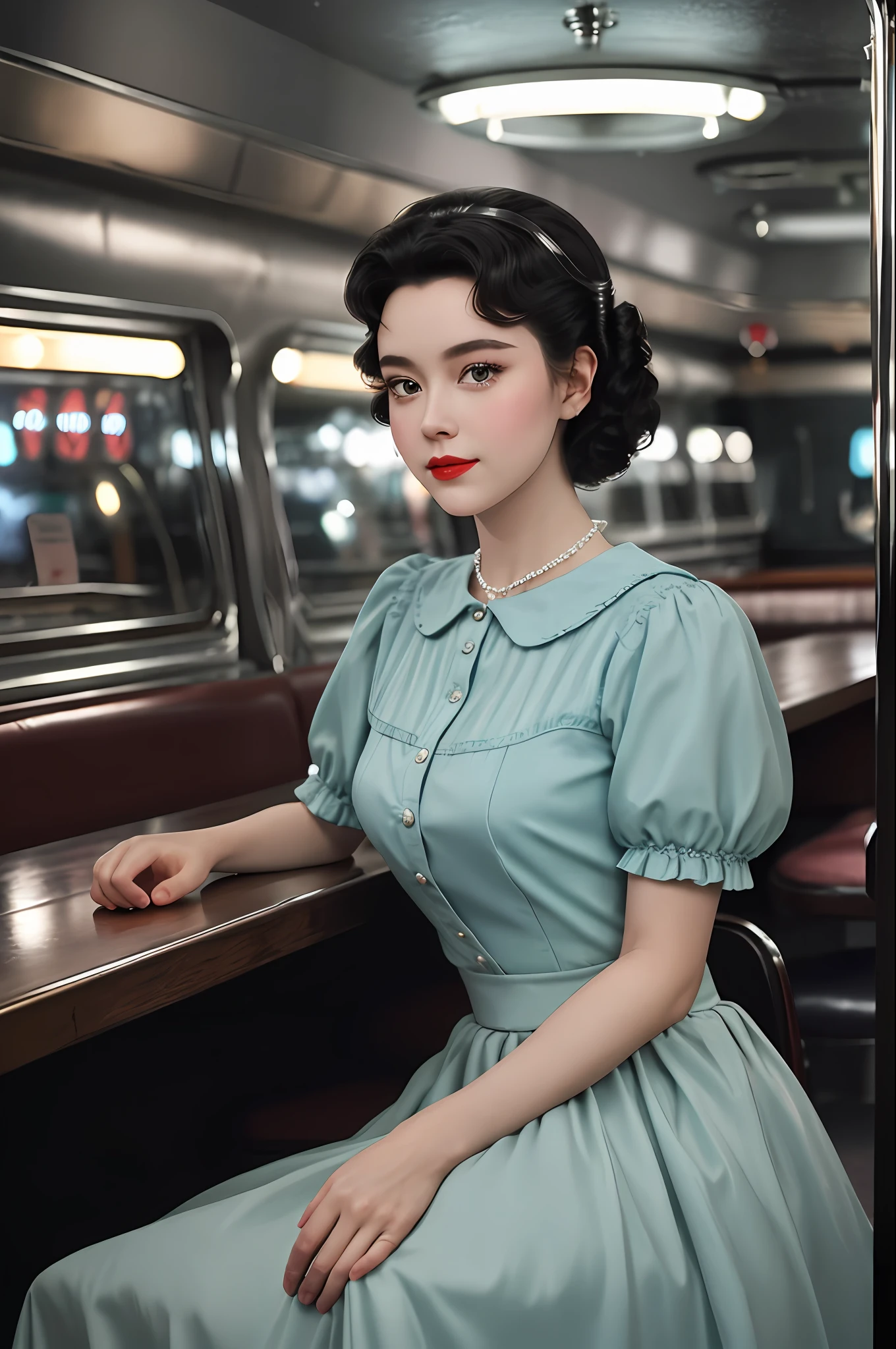1girl dressed in a 1950s-inspired dress, complete with a full skirt and petticoat, her hair styled in classic pin curls. She should be seated at an old-fashioned diner, surrounded by vintage details like a jukebox, chrome accents, and neon signs. Her eyes should be sparkling with excitement, her skin flawless and glowing under the soft, dramatic lighting. This scene should be captured on 35mm film, with a beautiful depth of field and a slightly blurry, nostalgic background,
filmg,