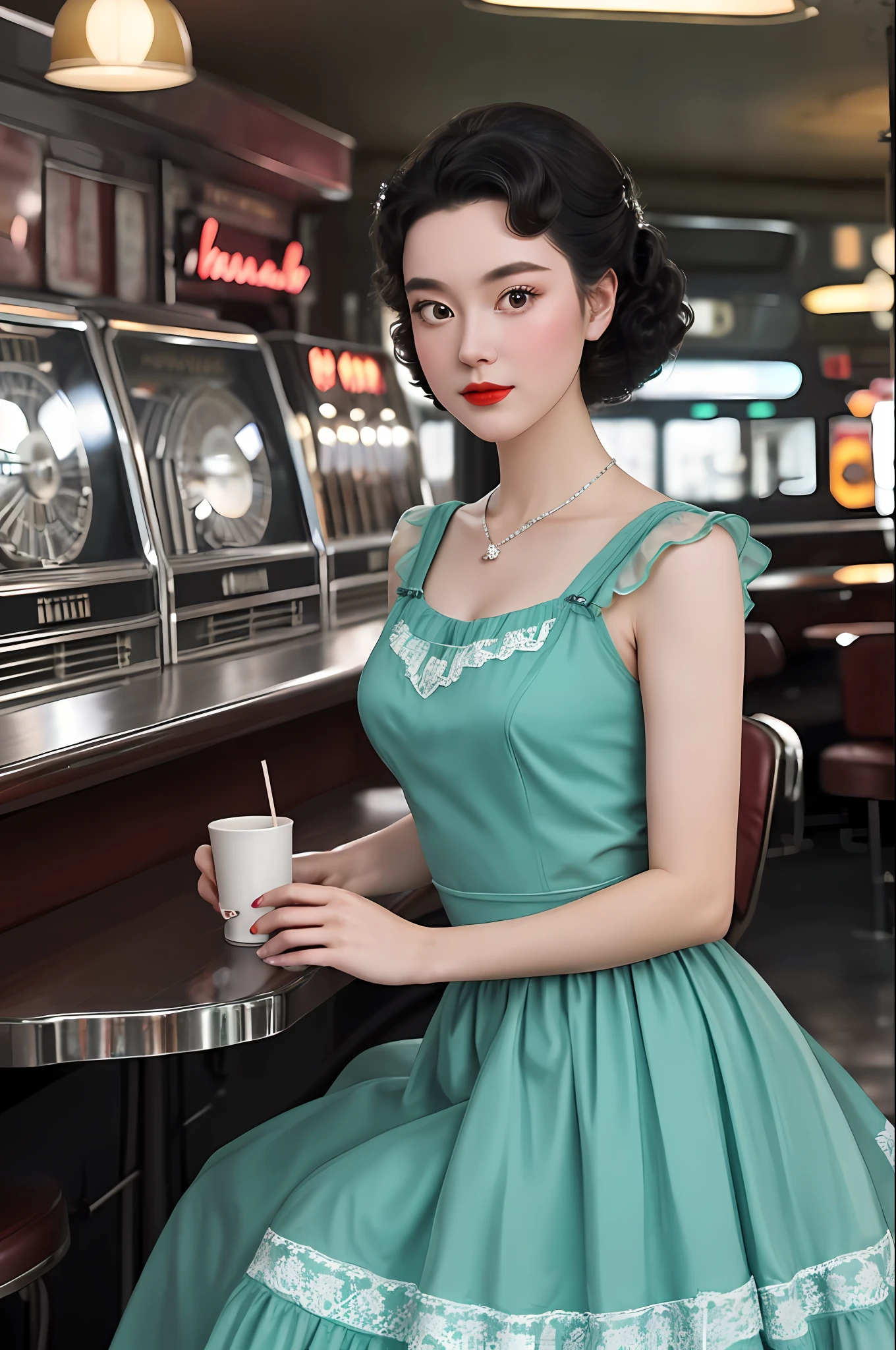 1girl dressed in a 1950s-inspired dress, complete with a full skirt and petticoat, her hair styled in classic pin curls. She should be seated at an old-fashioned diner, surrounded by vintage details like a jukebox, chrome accents, and neon signs. Her eyes should be sparkling with excitement, her skin flawless and glowing under the soft, dramatic lighting. This scene should be captured on 35mm film, with a beautiful depth of field and a slightly blurry, nostalgic background,
filmg,