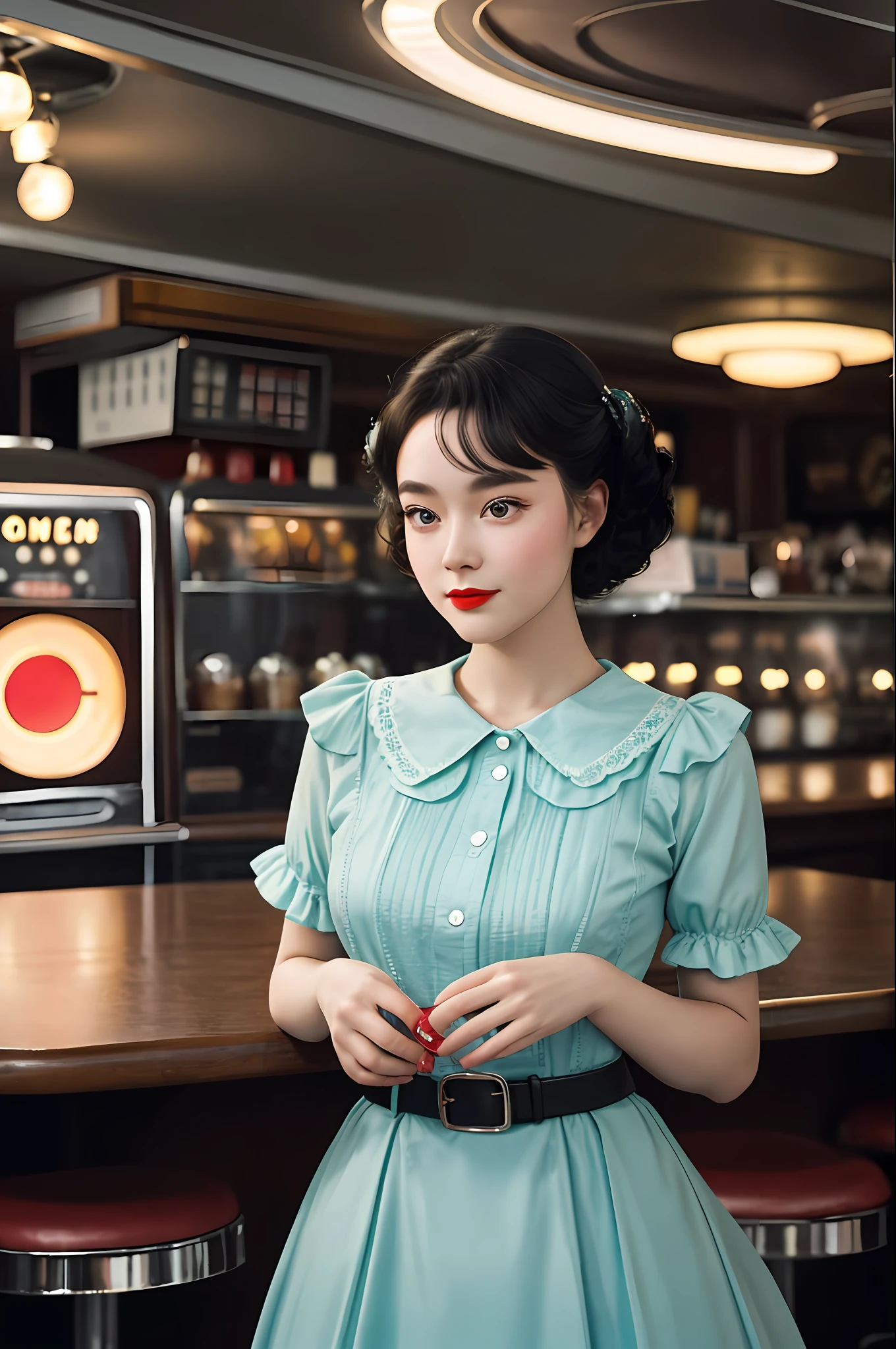 1girl dressed in a 1950s-inspired dress, complete with a full skirt and petticoat, her hair styled in classic pin curls. She should be seated at an old-fashioned diner, surrounded by vintage details like a jukebox, chrome accents, and neon signs. Her eyes should be sparkling with excitement, her skin flawless and glowing under the soft, dramatic lighting. This scene should be captured on 35mm film, with a beautiful depth of field and a slightly blurry, nostalgic background,
filmg,