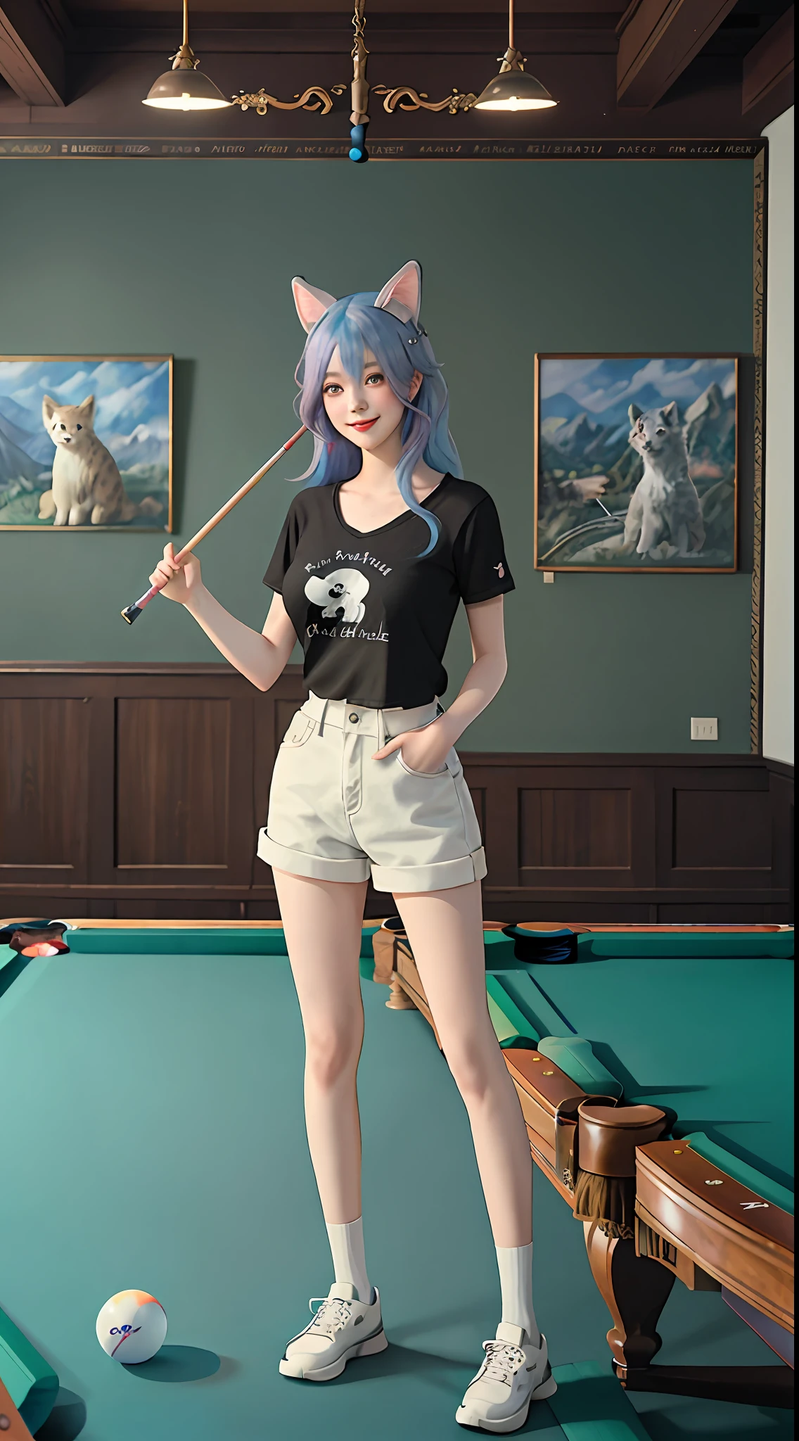 Colored hair, long eyelashes, solid round eyes, fake animal ears, light smile, ear blush, billiards, long legs, lean over, playing billiards, surrealism, shadows, relief, diorams, standing paintings, pov, atmospheric perspective, 8k, super detail, precise, the best quality