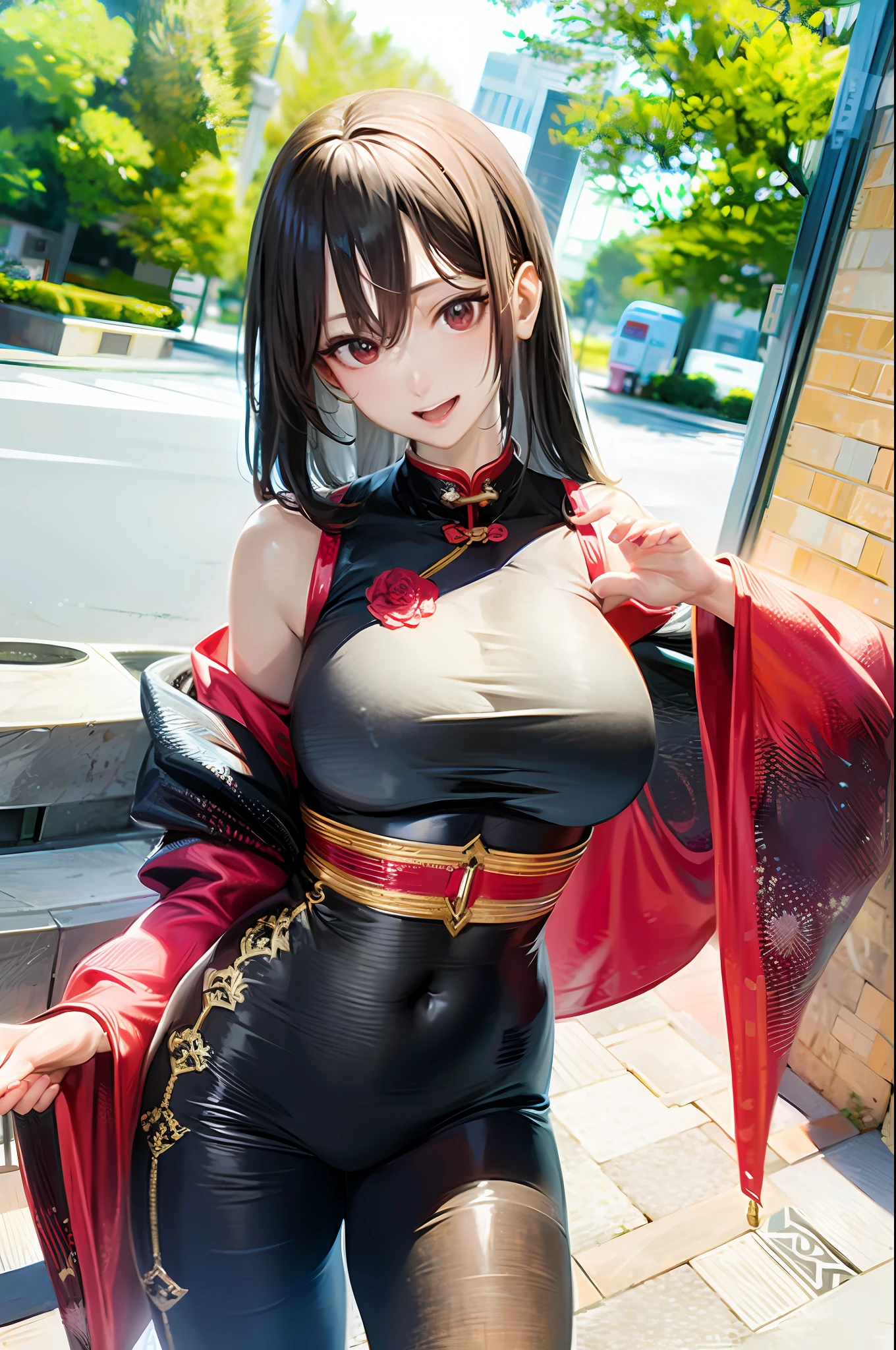 Long black hair, red eyes, cheongsam outfit, open navel, big breasts, 170cm