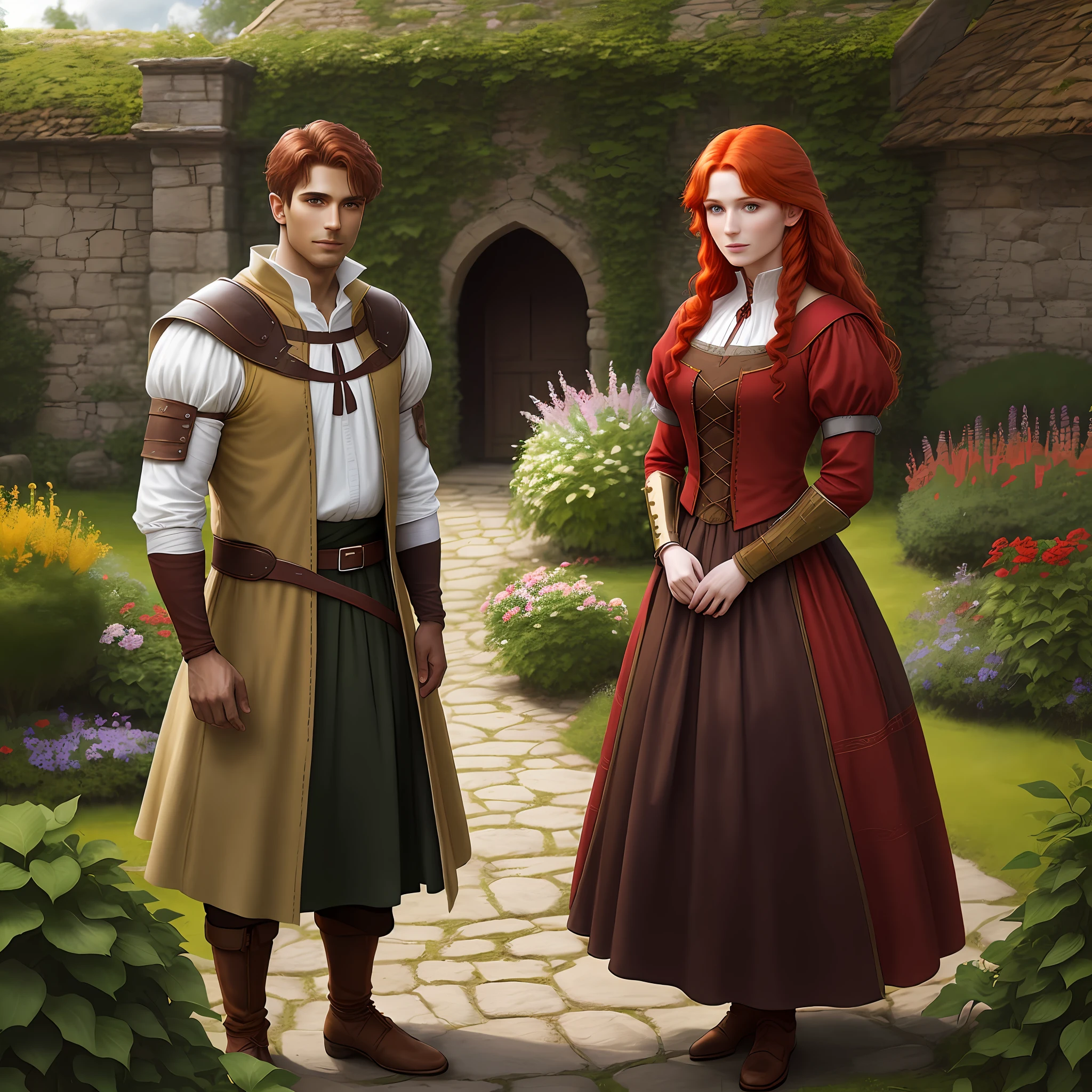 A light brown man and a red-haired woman dressed in medieval clothes posing for a painting, like a medieval fantasy character, in a garden
