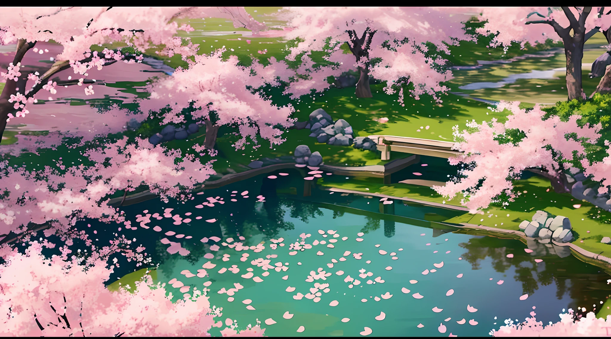 there is a painting of a pond with a fish and flowers, sakura blooming on background, flowing sakura-colored silk, cherry blossom background, flowing sakura silk, falling cherry blossoms pedals, cherry blossom falling, falling cherry blossom pedals, cherry blossoms, cherry blossom, cherry blossoms in the wind, sakura flowers, lush sakura, sakura flower, blossom sakura, sakura trees