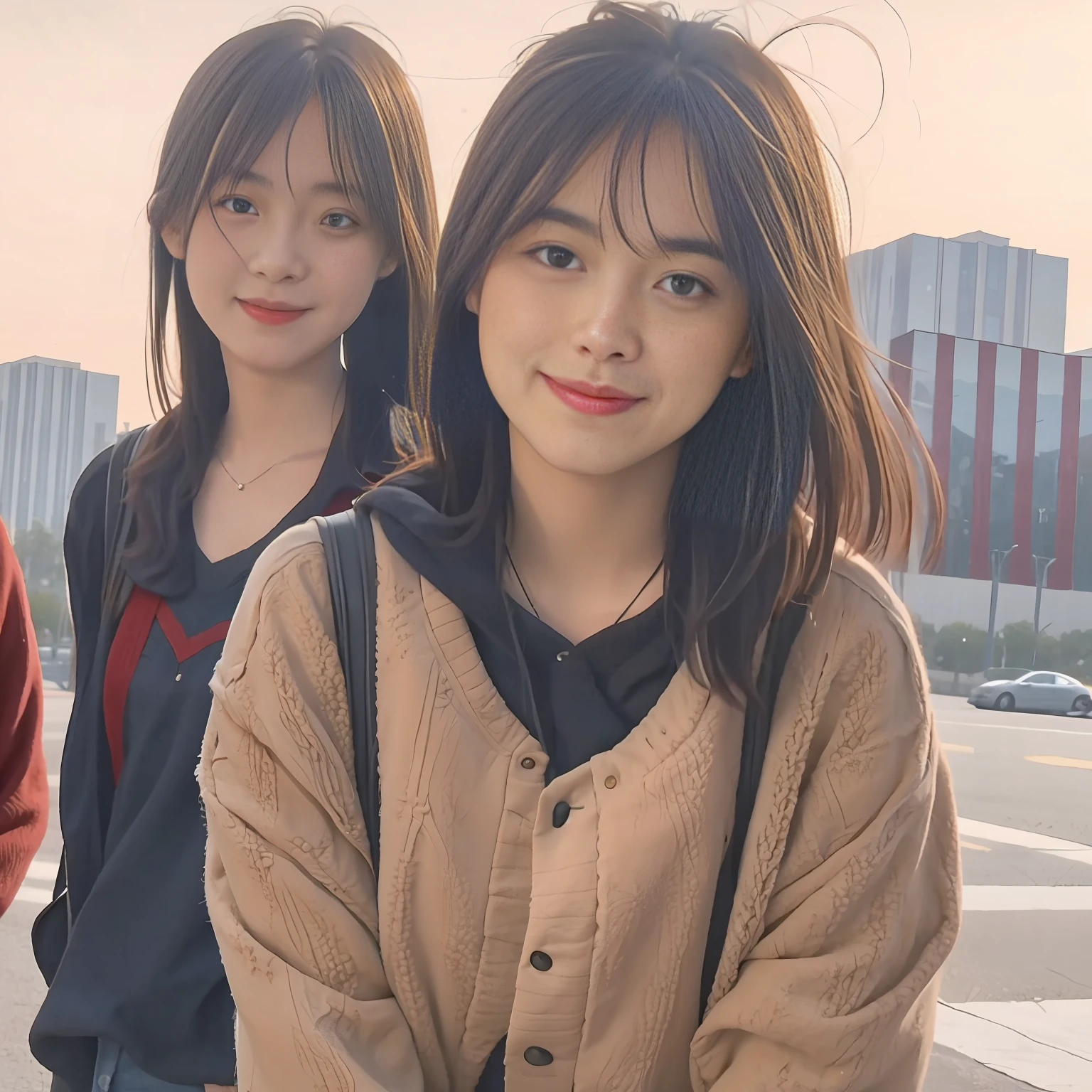 group of s looking directly, smiling, school on background, super realistic, realistic lights, wide angle, uhd, 16k