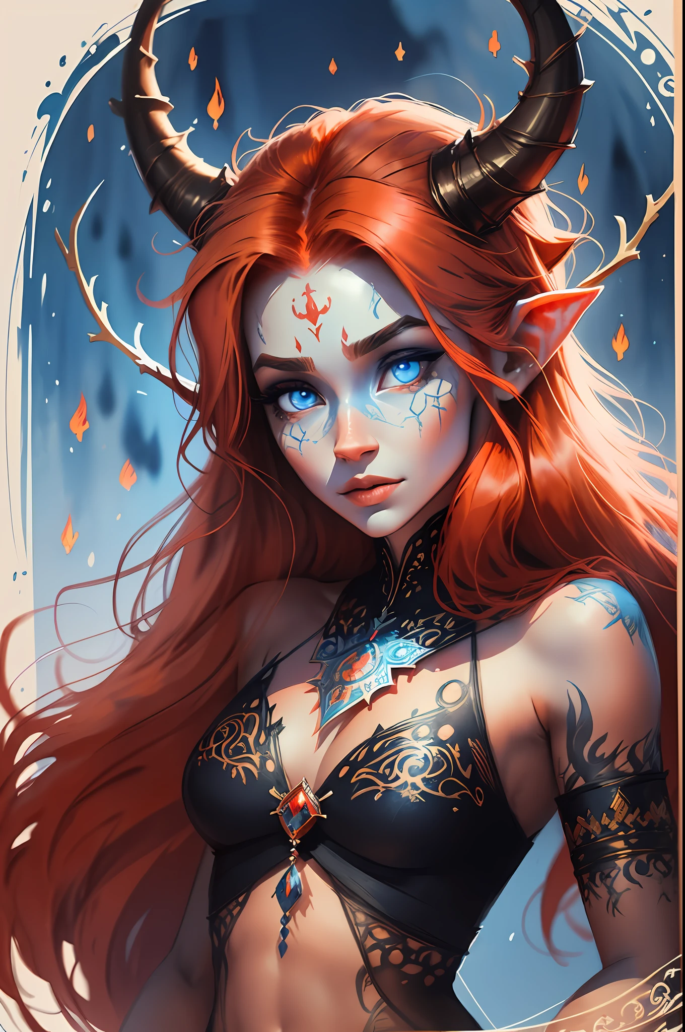 hand drawn sketch illustration of a beautiful dnd ifreet djinn girl with flaming red hair, blue eyes, symmetrical antlers horns, blue skin, illustration, watercolor ink sketch, (best quality)), intricate detailed,