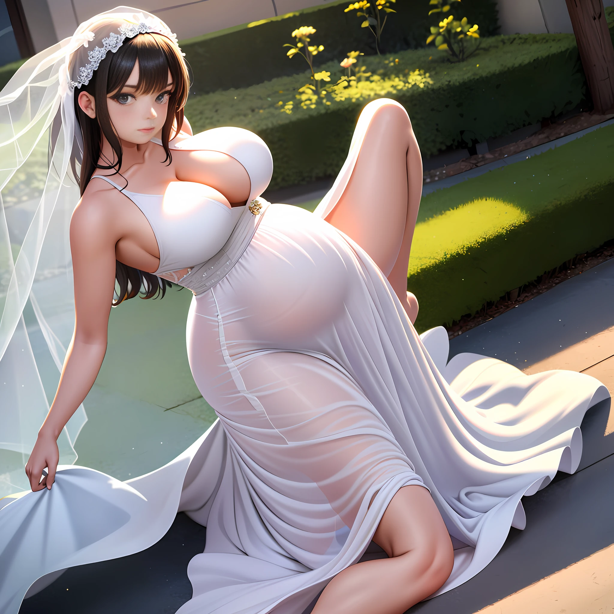 An , extreme details, seductive expressions, sexy action, big breasts, pregnancy, ((transparent wedding dress)), kinky lines, (no underwear) (no panties)