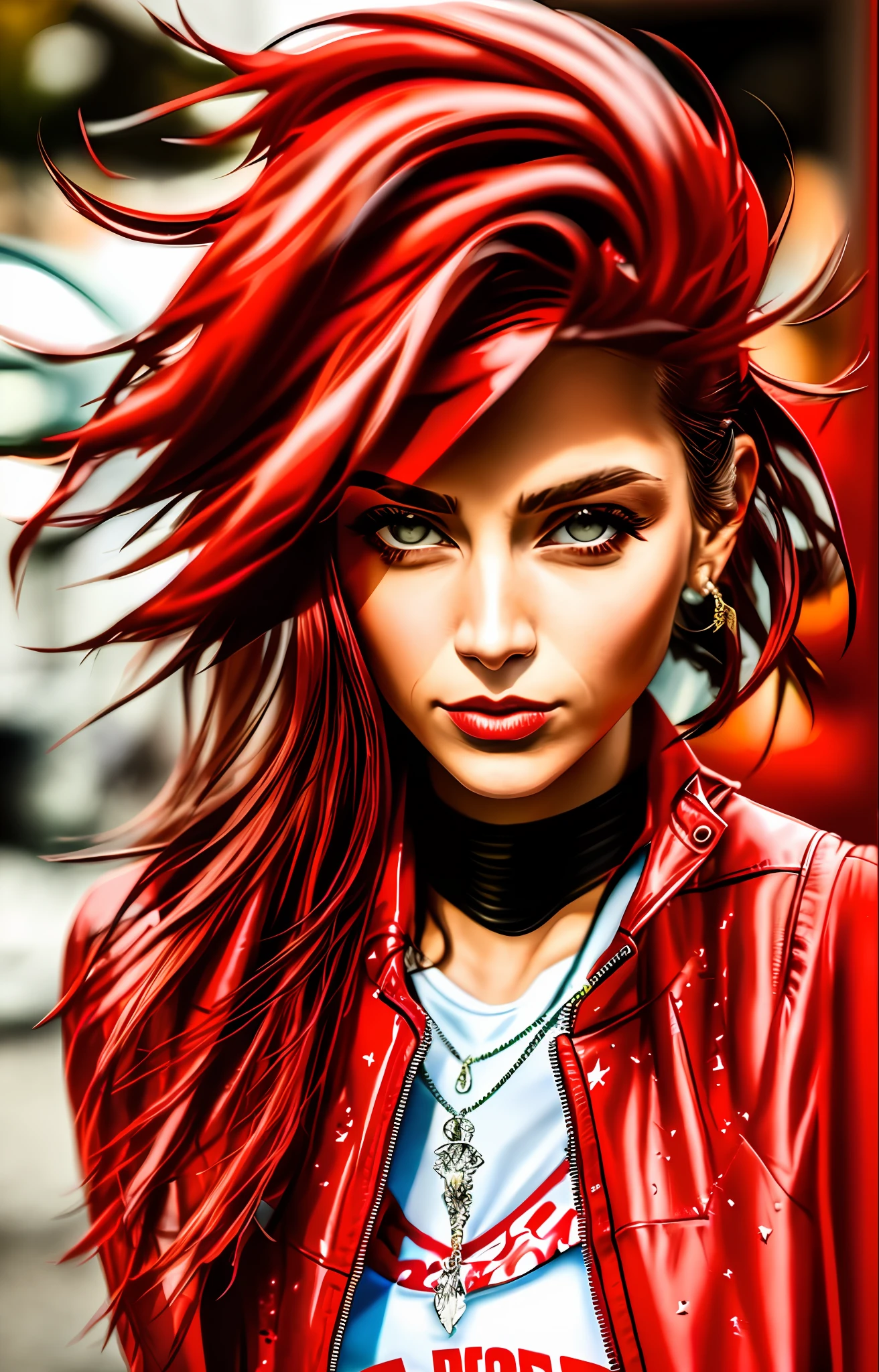 Woman wearing a red leather jacket