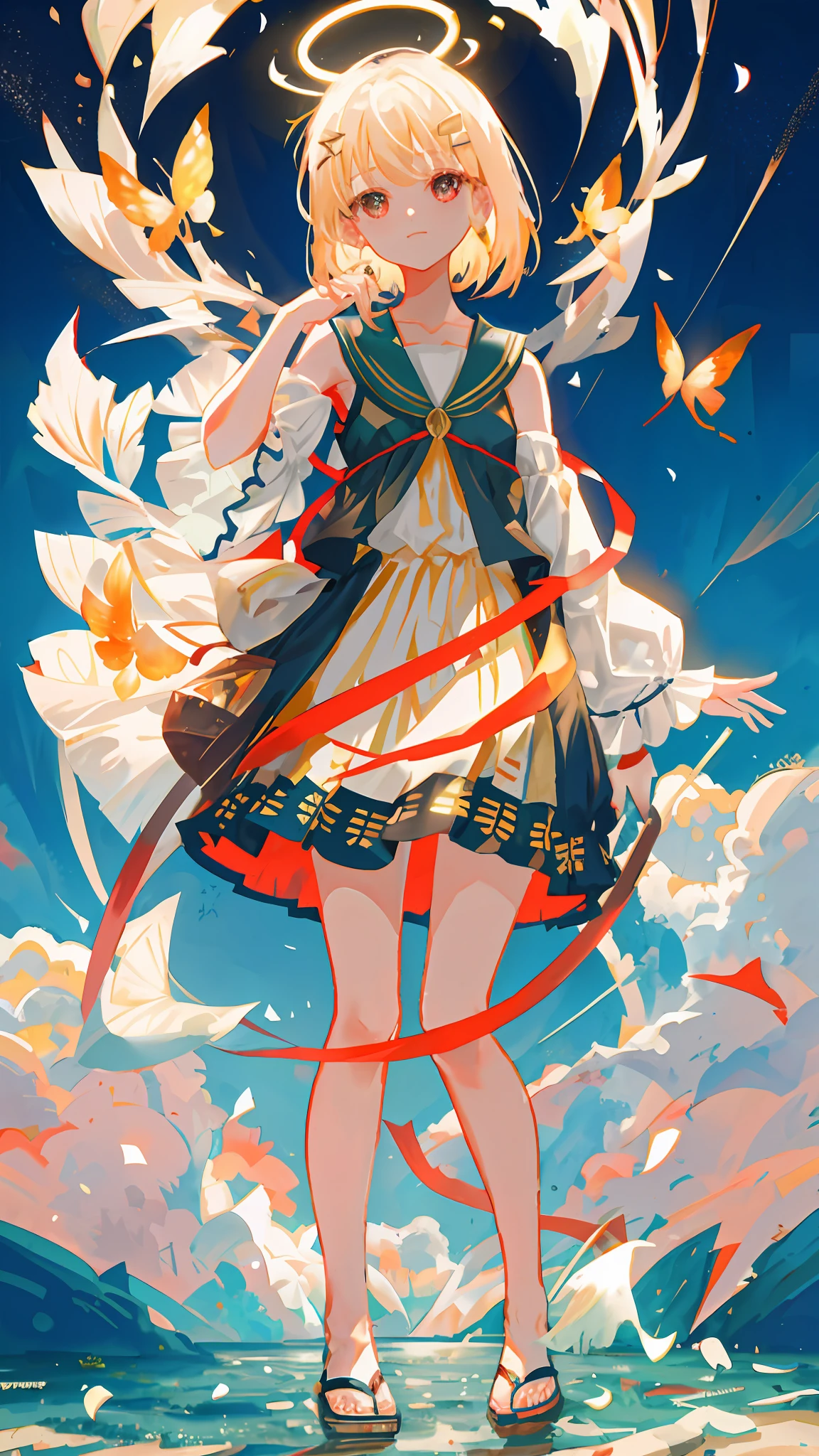 [(white background: 1.3): : 3], dynamic angle, bottle bottom, (missing color: 1.2), (look at the viwer: 1.3), colorful, floating wind, (highest image quality), (master work), (Detailed description of the eye), (macro photo: 1.25), (8K wallpaper), (detailed description of the face), depth of field, (lens flare), floating water, (fuji hill: 1.3), floating rain, stream,  desert, small dust, (breeze)), wind, summer, sunset, (blurred background), road through the sea, mountains and forests, water, wandering, partially_submerged, (strong sunlight: 1.2), (Altocumulus: 1.2), butterfly, falling petals, (standing: 0.85), (close-up: 0.8), (fisheye: 1.2), (1loli: 1.2), small breasts, short blonde hair, hair ornament, detailed beautiful eyes, ears, (intricate clothing: 1.3),  short skirt, bare shoulders, medieval short clothes, exposed legs, exposed belly, torn abdomen, collarbone, pointed ears, small body, thin, red eyes, (from above: 1.2)