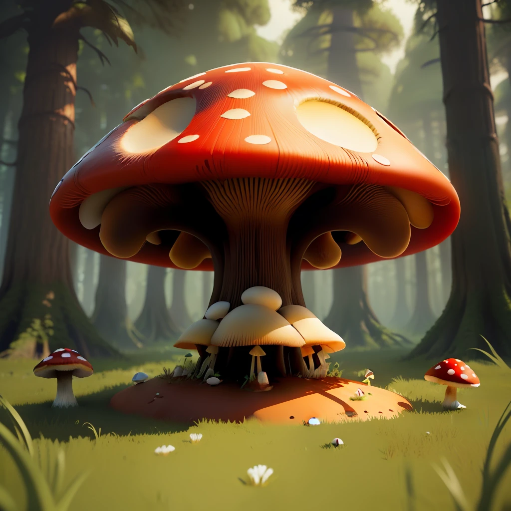 circle Mushroom anthill, big red-white Mushroom, mouse skull at the top of the Mushroom, big ant legs under the Mushroom, grass, game design, high quality, magic 3D-imagine