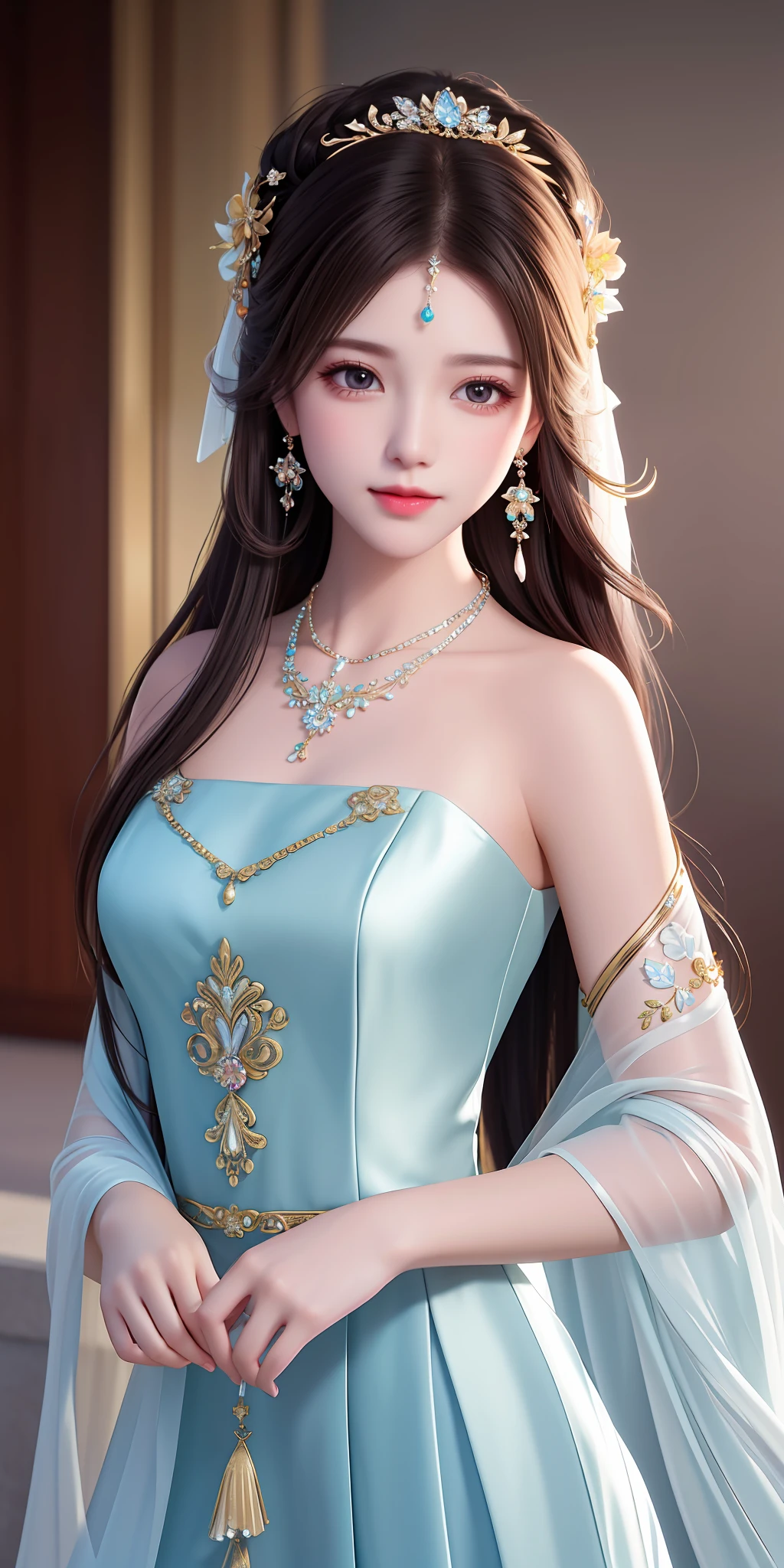 Best quality, masterpiece, high resolution, 1girl, clear silk porcelain dress, beautiful face, hair accessories, looking at the audience, smiling, close your mouth, lips, dress, hair accessories, necklaces, jewelry, long hair, earrings, beautiful face, on the body, Tindal effect, realism, dark studio, edge lighting, two-tone lighting, (high detail skin: 1.2), 8k UHD, DSLR, soft light, high quality, volumetric lighting, photo, high resolution 4K, 8k, blurred background