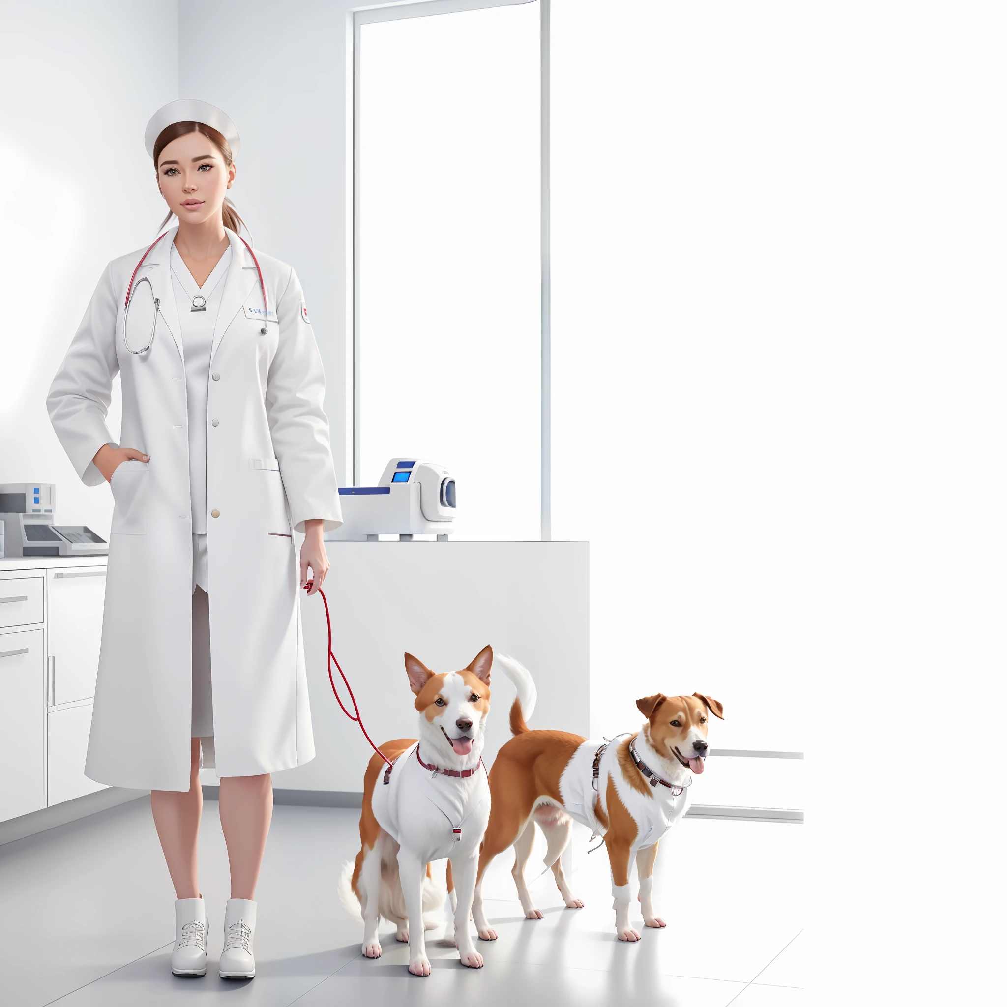 modern style, ((vet in white vet coat)), full body, in a veterinary clinic, with dogs and cats, ((ultra realistic)), 8k, intricate detail, coming to perfection, super realistic, photo, dslr, photo pose, looking at camera, ((perfection)), realistic animals