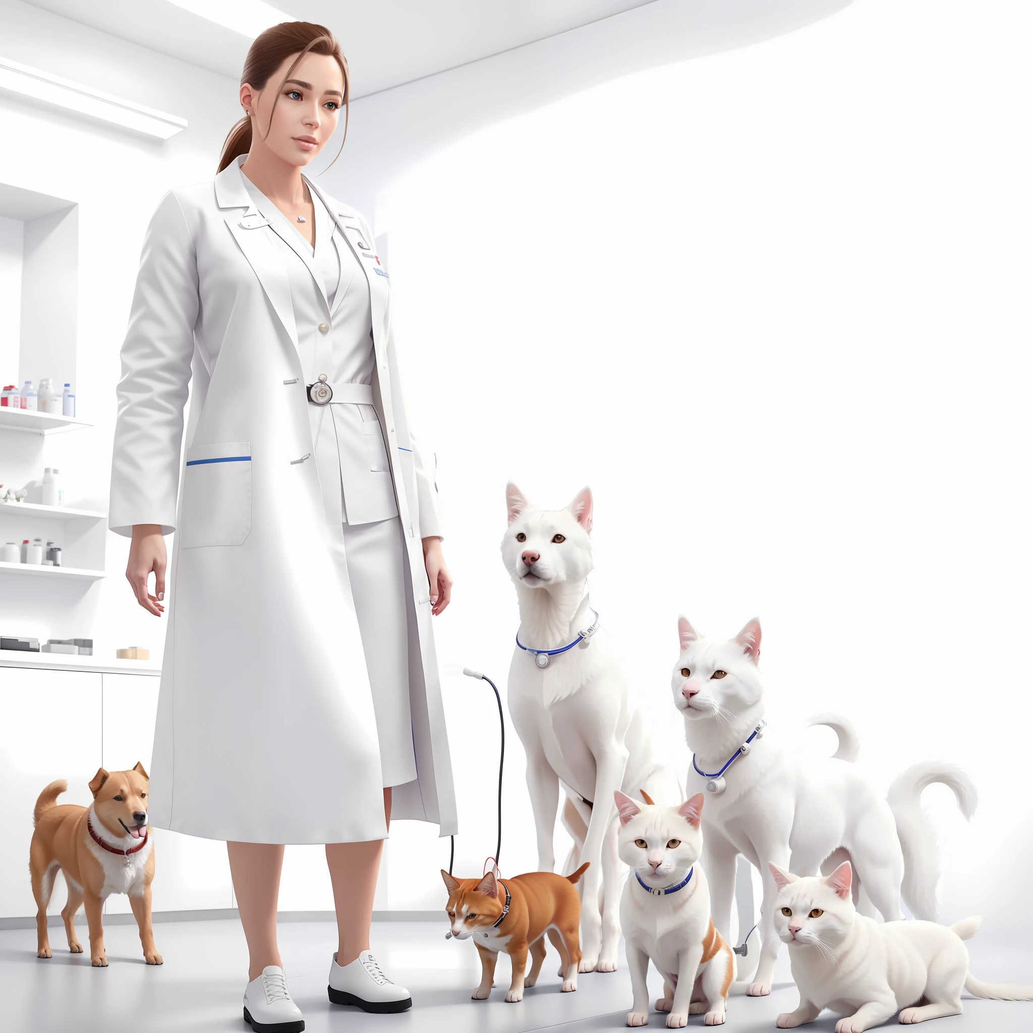 modern style, ((vet in white vet coat)), full body, in a veterinary clinic, with dogs and cats, ((ultra realistic)), 8k, intricate detail, coming to perfection, super realistic, photo, dslr, photo pose, looking at camera, ((perfection)), realistic animals