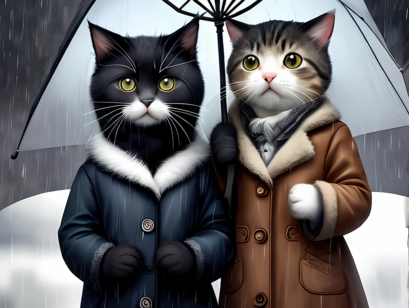 Two cute cats, realistic fur, hyper detailed. In the rain, holding an umbrella.
