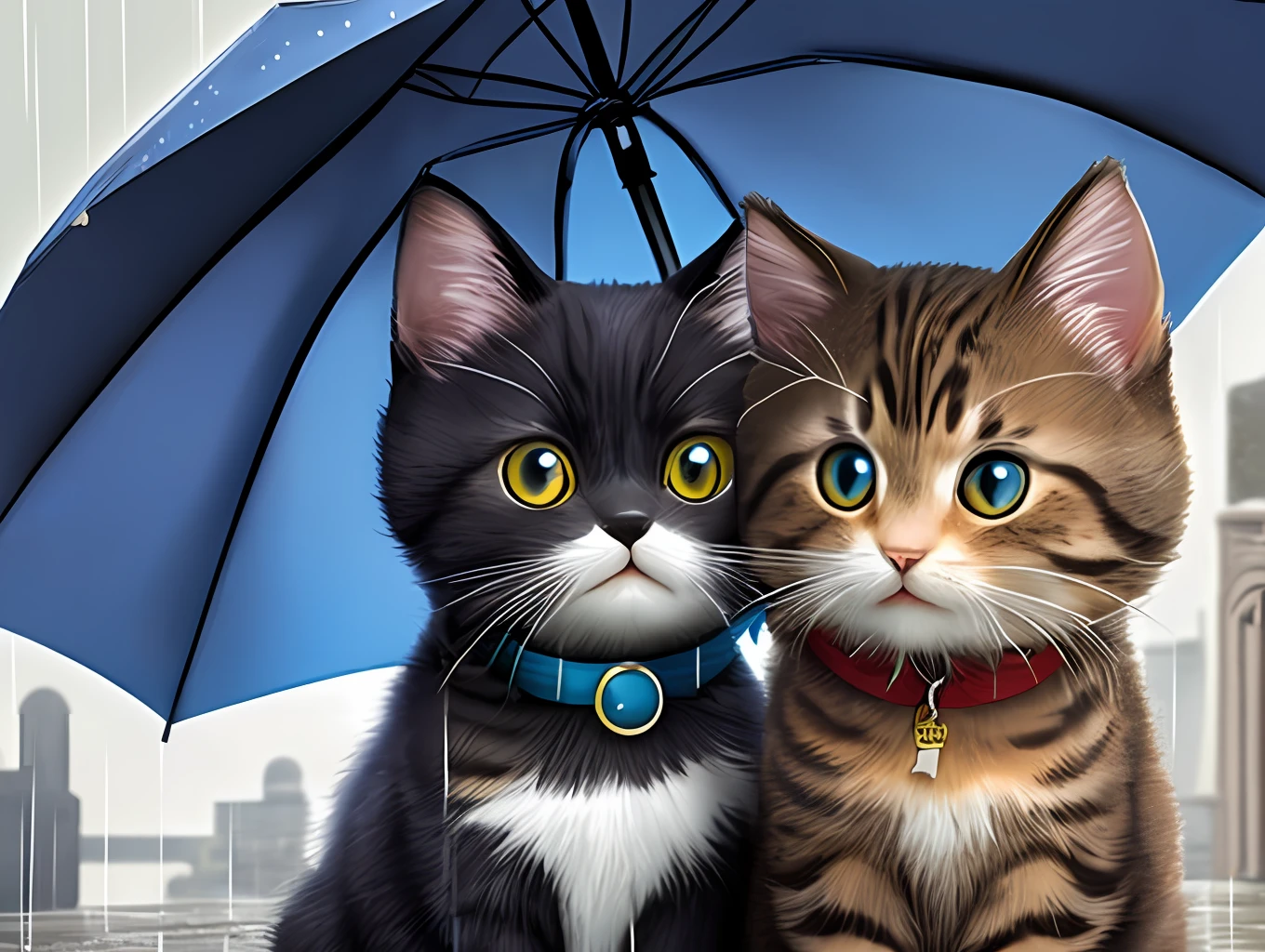Two cute cats, realistic fur, hyper detailed. In the rain, holding an umbrella.
