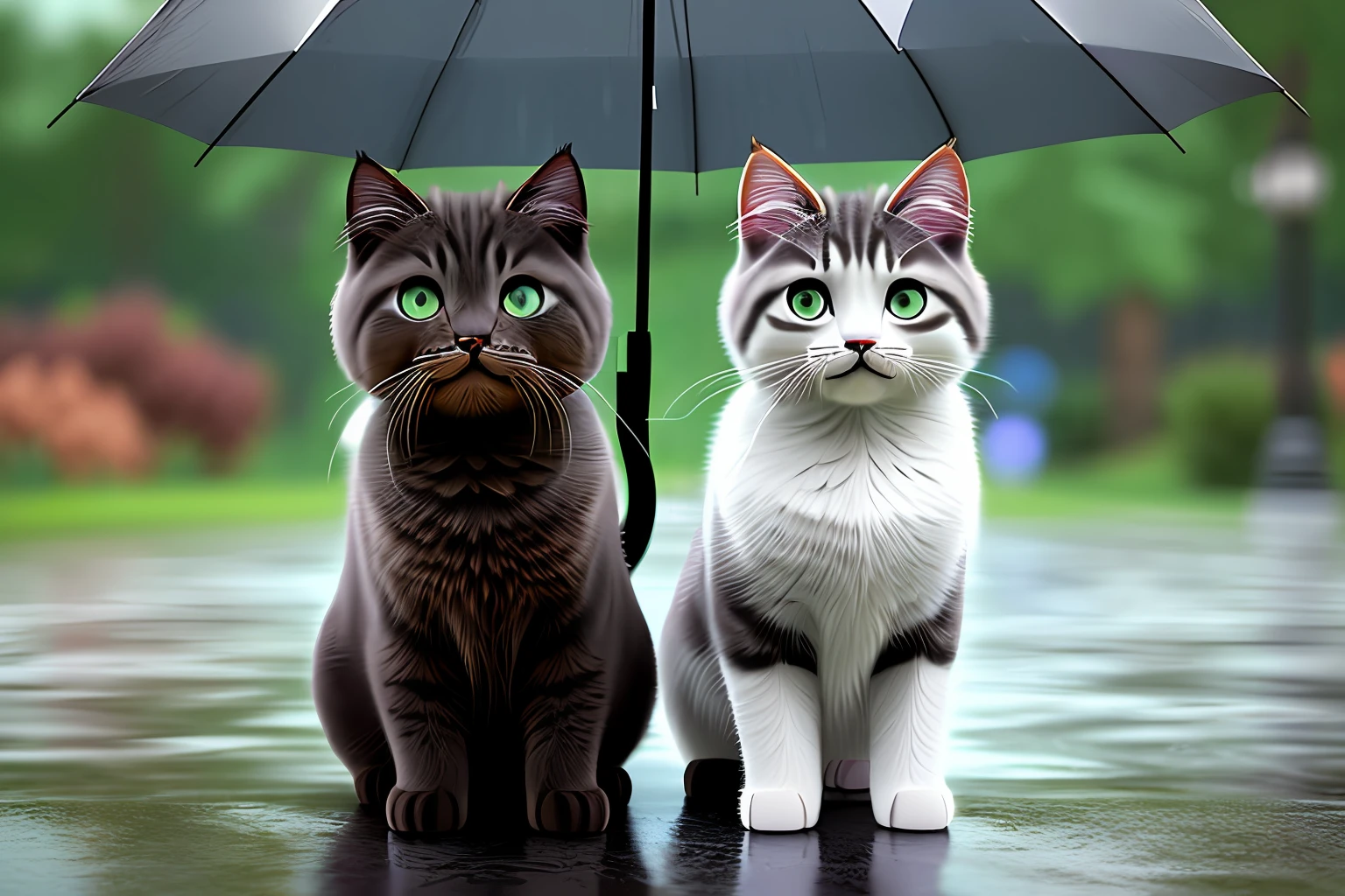 Two cute cats, realistic fur, hyper detailed. In the rain, holding an umbrella. Photorealism, depth of field, 8k