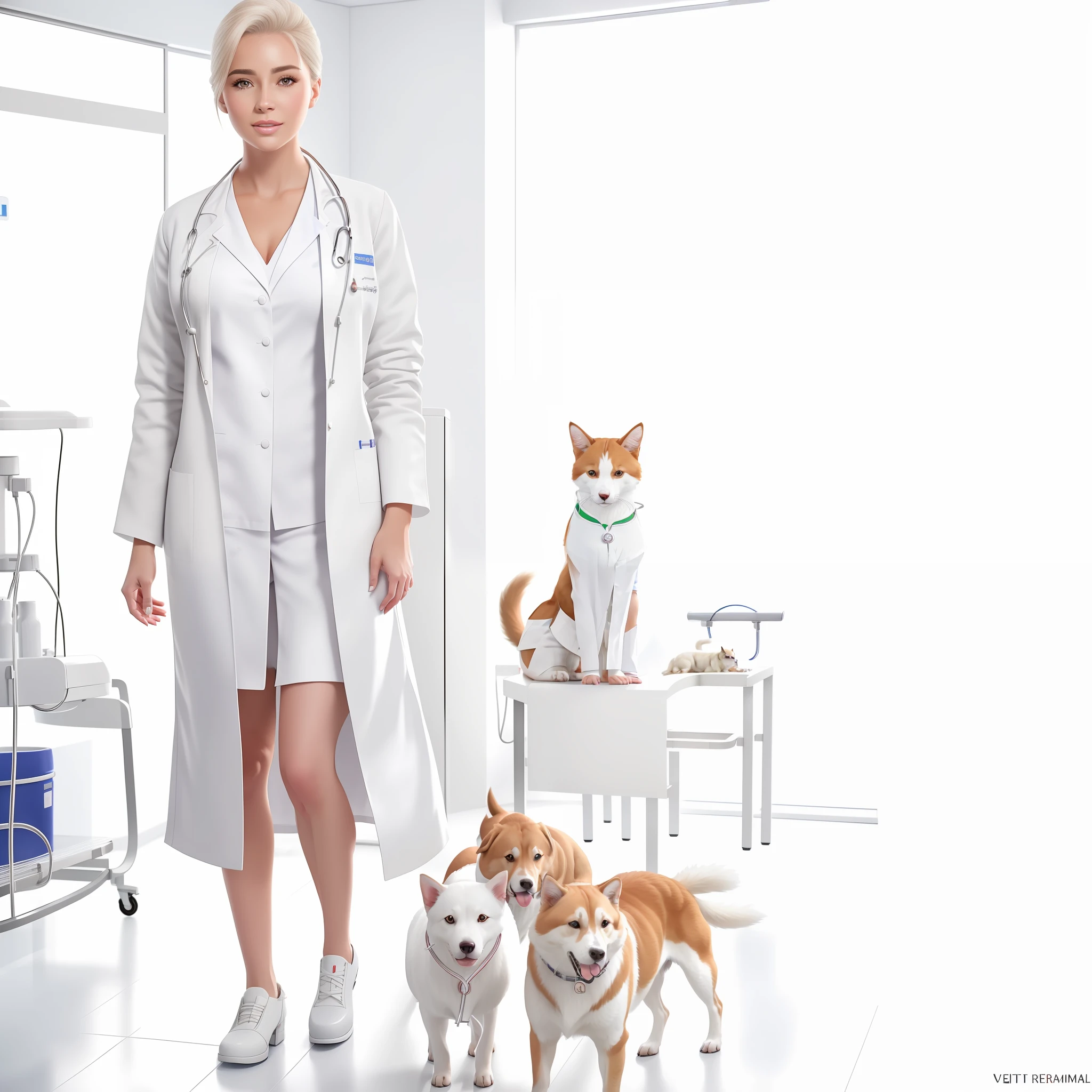 modern style, ((vet in white vet coat)), full body, in a veterinary clinic, with dogs and cats, ((ultra realistic)), 8k, intricate detail, coming to perfection, super realistic, photo, dslr, photo pose, looking at camera, ((perfection)), realistic animals