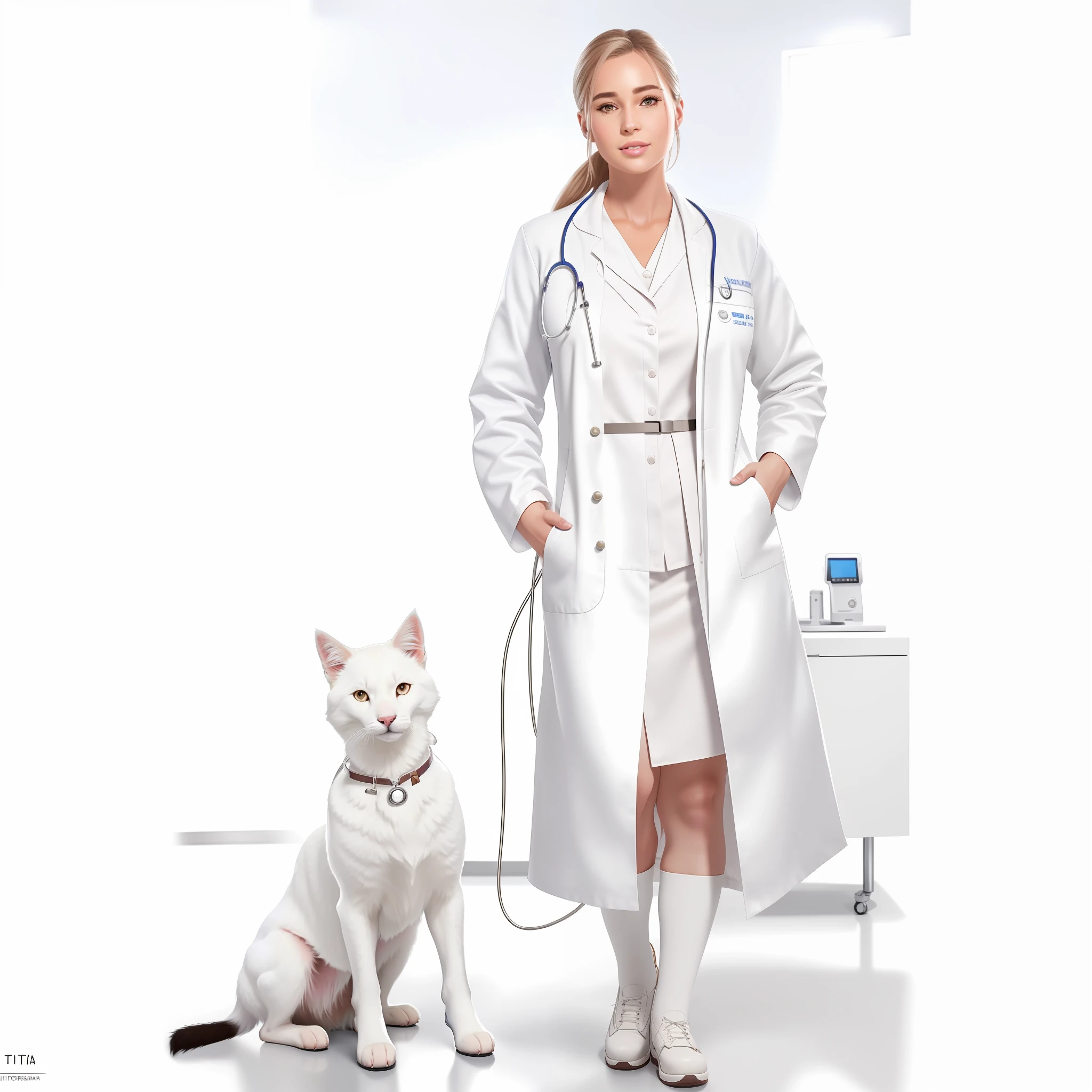 modern style, ((vet in white vet coat)), full body, in a veterinary clinic, with dogs and cats, ((ultra realistic)), 8k, intricate detail, coming to perfection, super realistic, photo, dslr, photo pose, looking at camera, ((perfection)), realistic animals