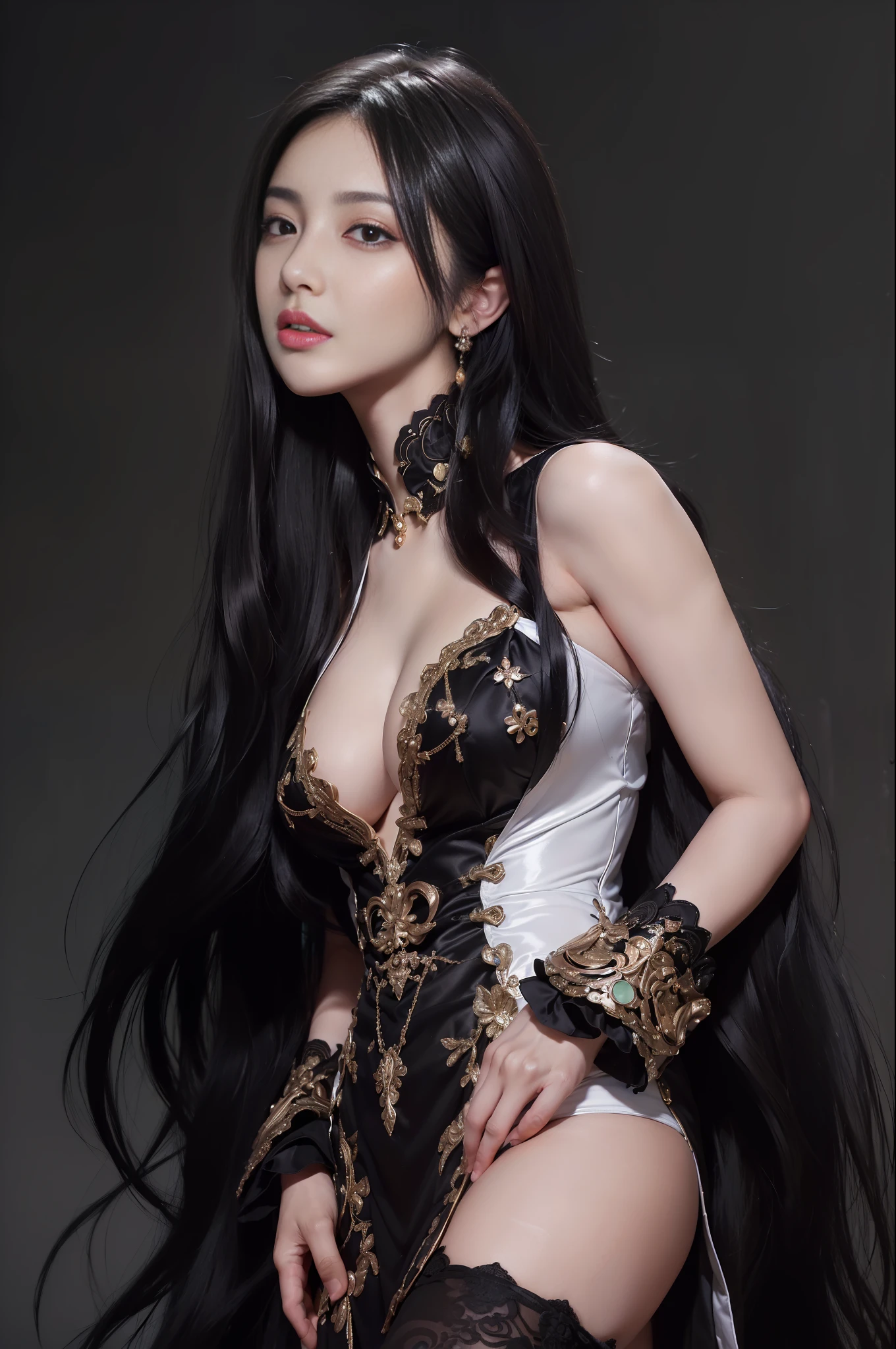 (((masterpiece+best quality+high resolution+ultra-detailed))), long silky black hair, high nose, sharp eyes, noble and inviolable temperament, (([female]: 1.2 + [beauty]: 1.2 + black long hair: 1.2)), dark and deep background, bright eyes, dynamic angle and posture.