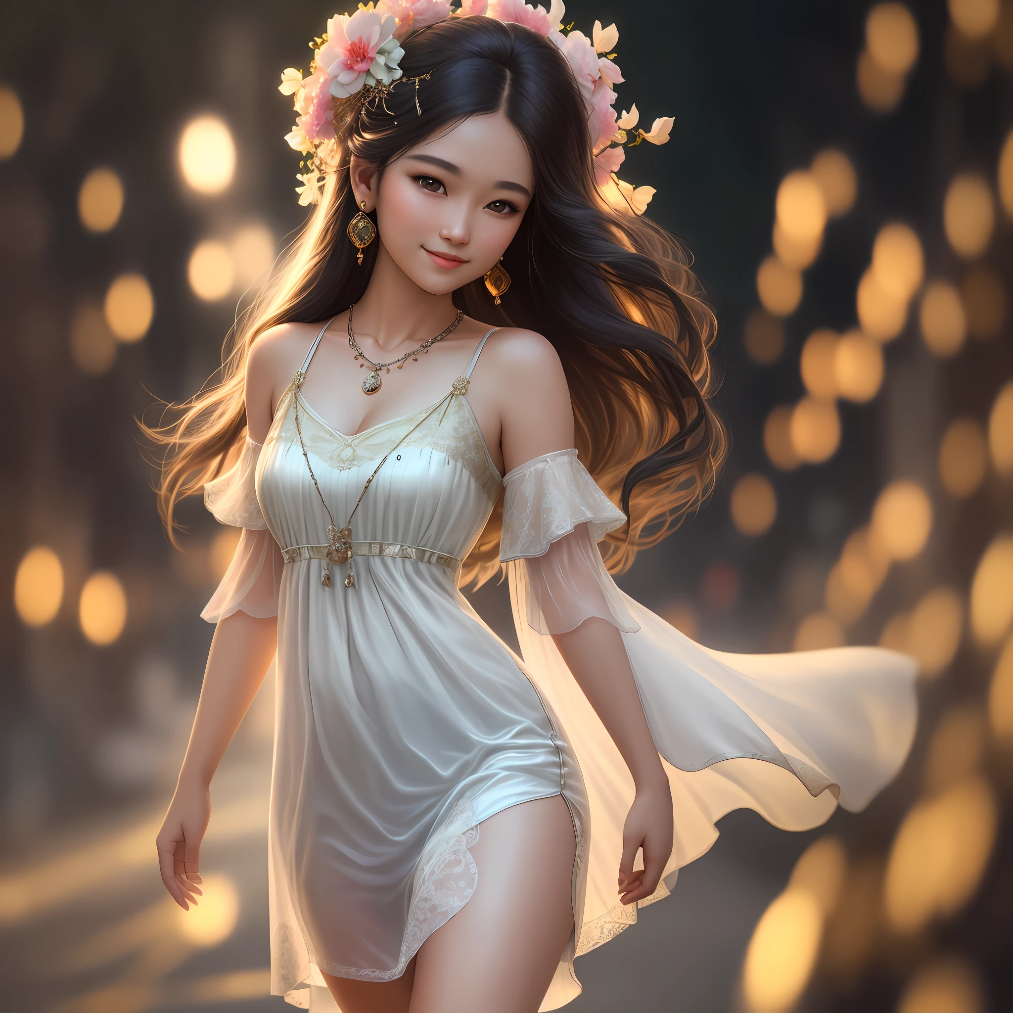 best quality, masterpiece, highres, 1girl, transparent silk china dress, beautiful face, hair ornament, looking at viewer, smile, closed mouth,lips, dress,hair ornament, necklace, jewelry, long hair, earrings, Beautiful face,upon_body, tyndall effect,photorealistic, dark studio, rim lighting, two tone lighting,(high detailed skin:1.2), 8k uhd, dslr, soft lighting, high quality, volumetric lighting, candid, Photograph, high resolution, 4k, 8k, Bokeh