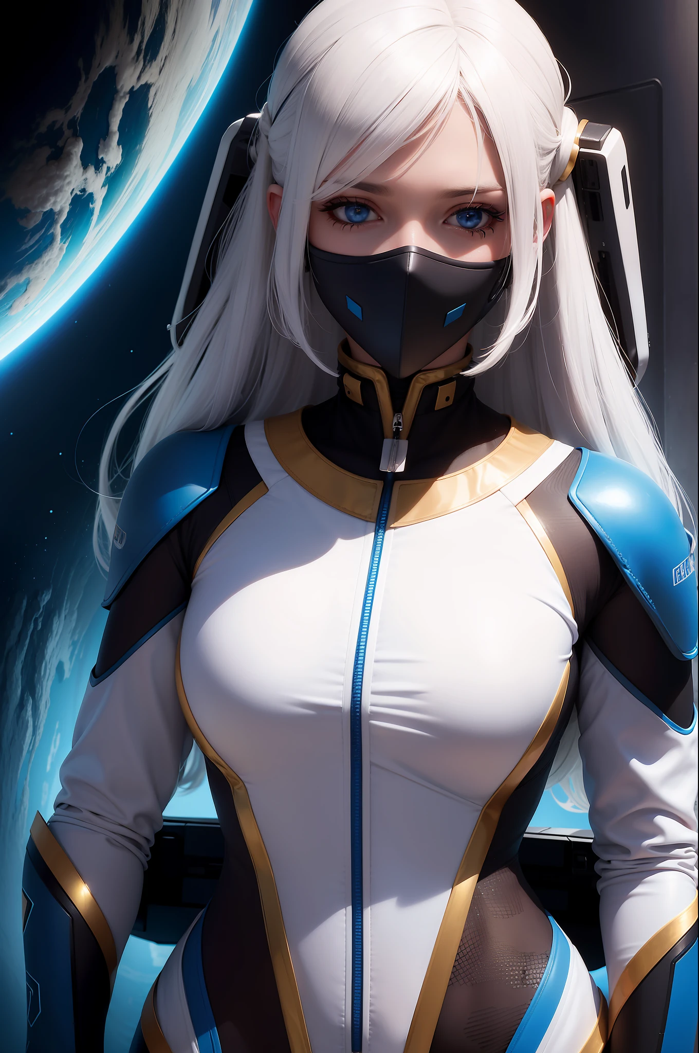 Woman with ,golden white hair,Blue eyes,,,black spacesuit