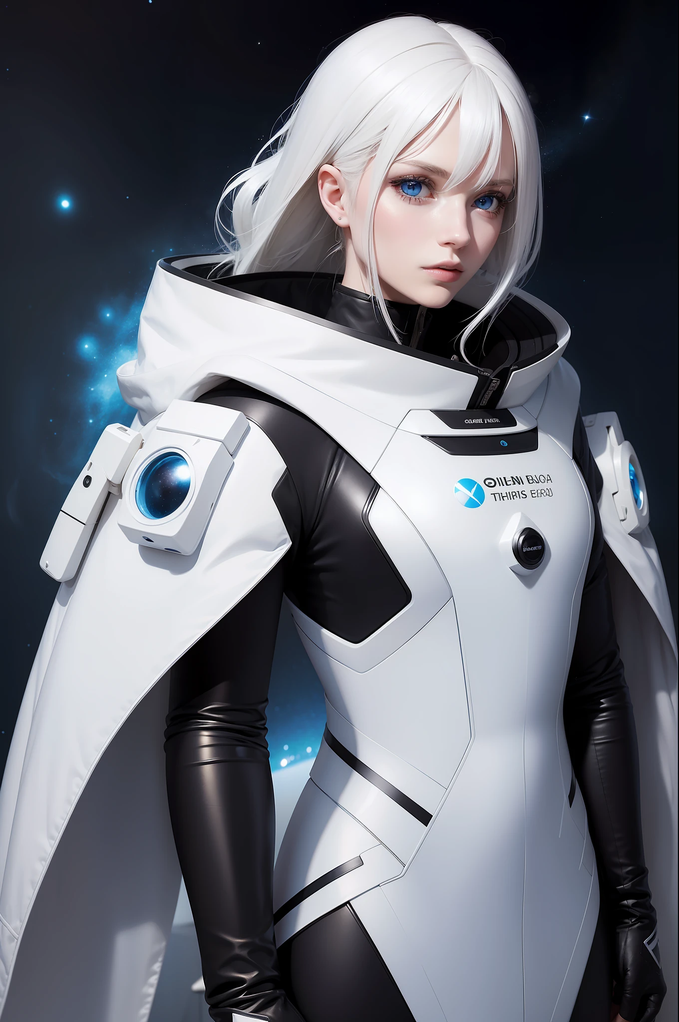 Woman with ,golden white hair,Blue eyes,,,black spacesuit