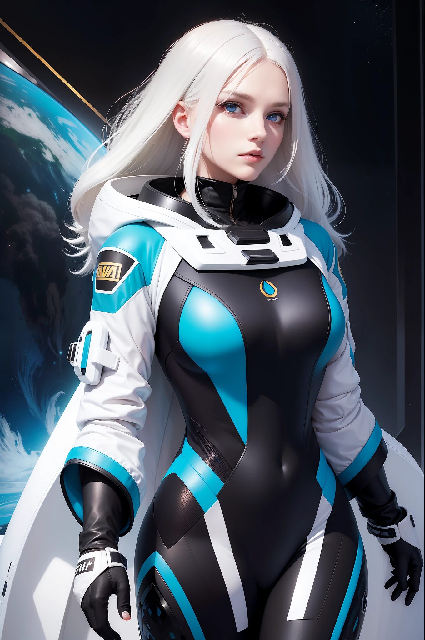 Woman with ,golden white hair,Blue eyes,,,black spacesuit