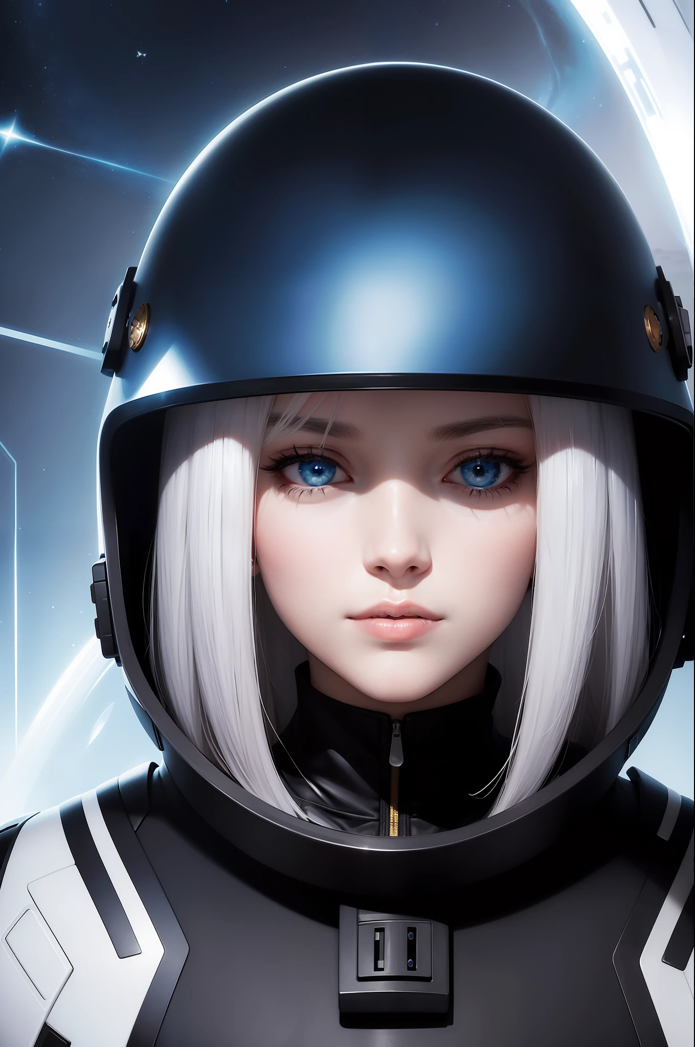 Woman with ,golden white hair,Blue eyes,,,black spacesuit