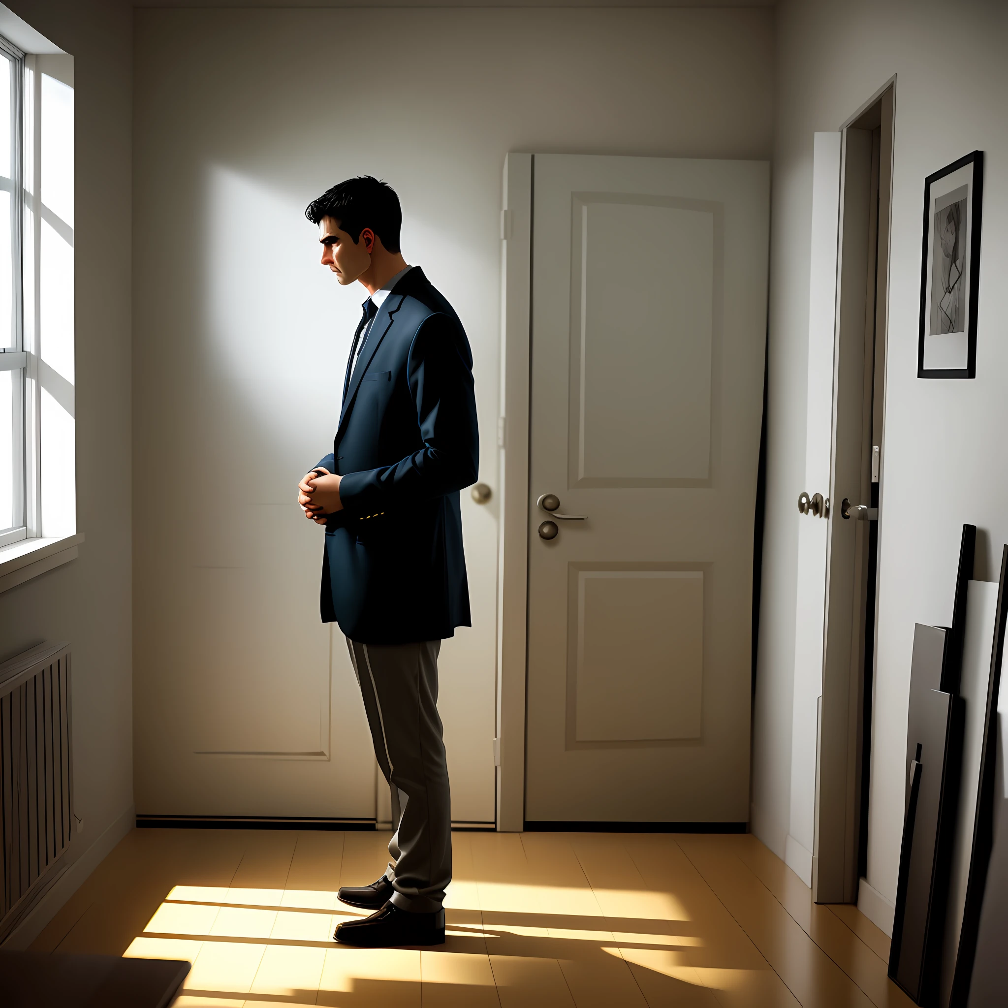 A sad man inside a room