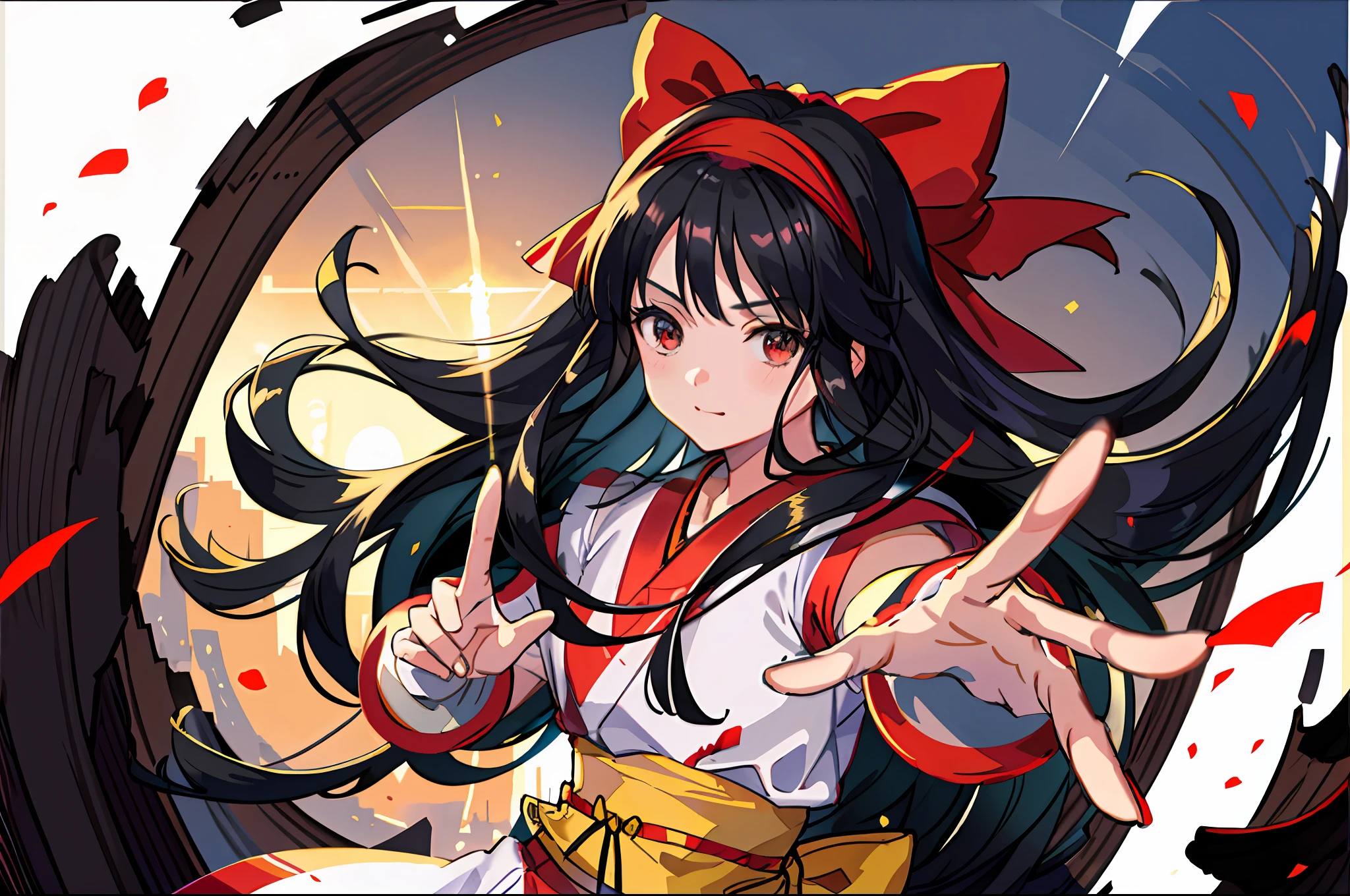 Anime girl with long black hair and red bow pointing at something ...