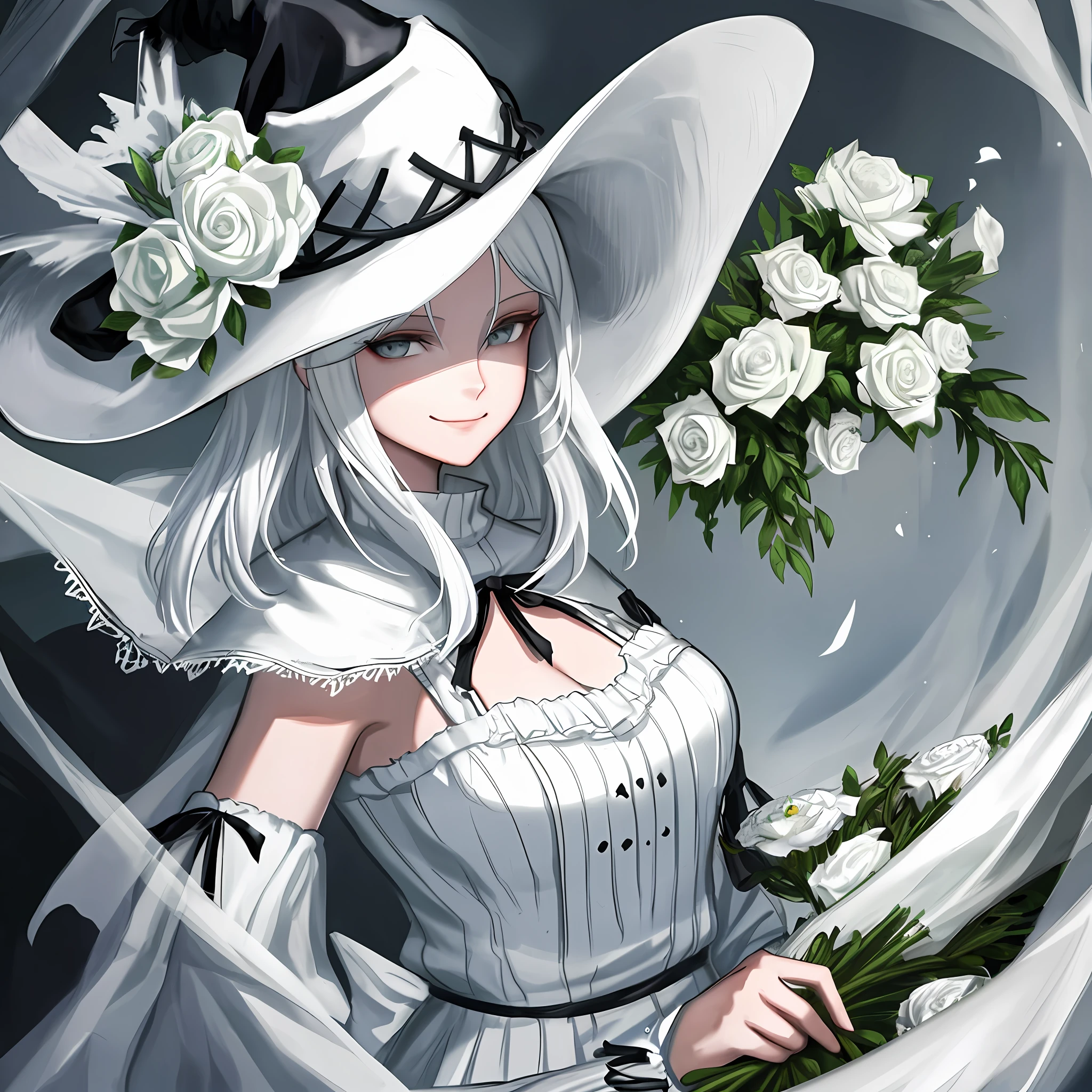 1girl, white hair, smirk face, dark souls vibes, flowers, hat.
