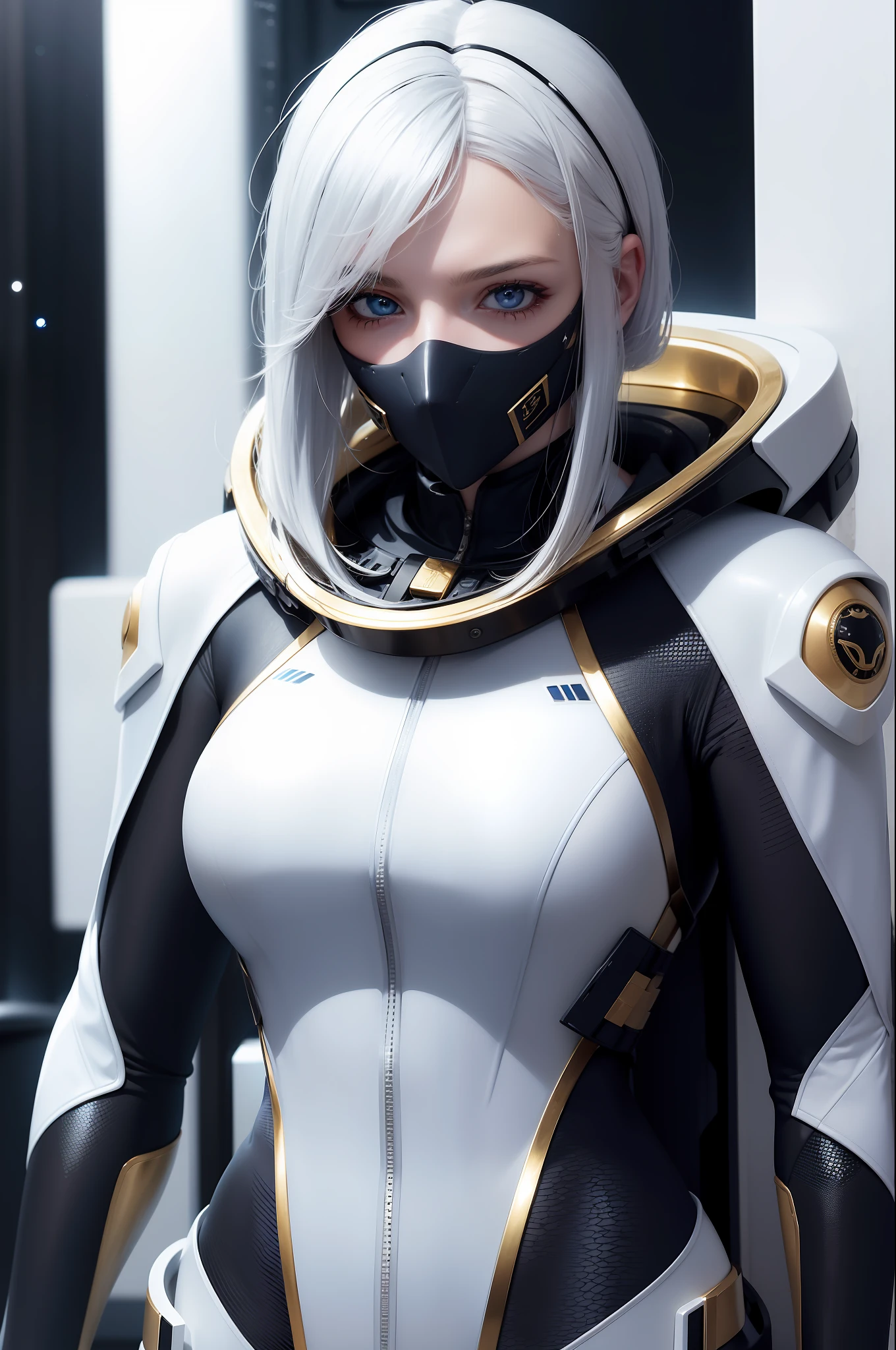 Woman with ,golden white hair,Blue eyes,,,black spacesuit
