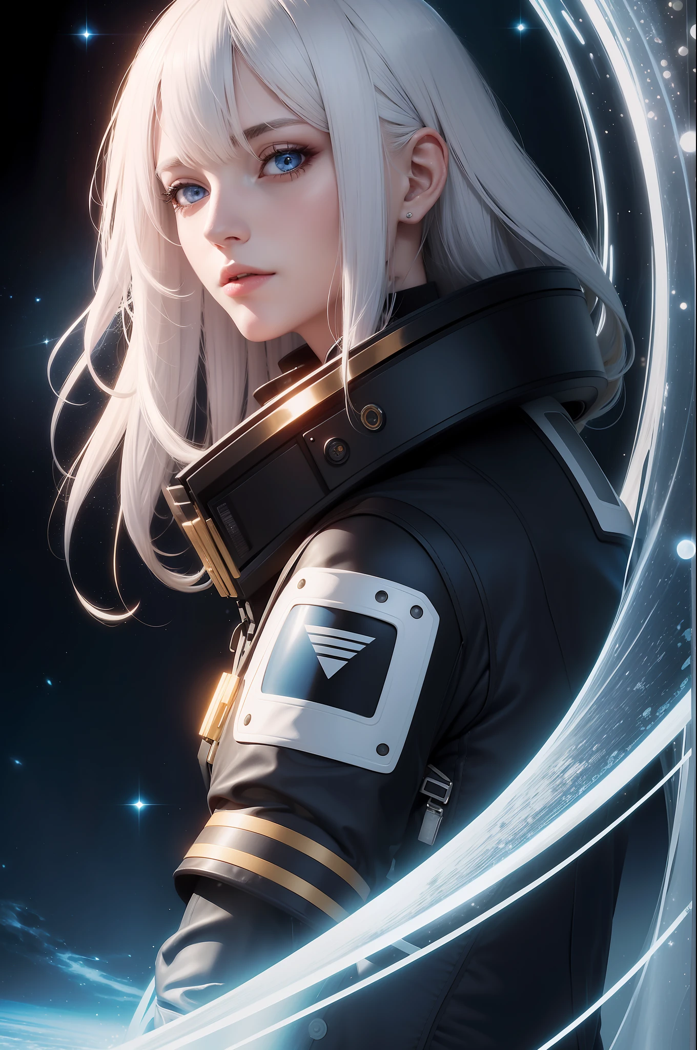 Woman with ,golden white hair,Blue eyes,,,black spacesuit