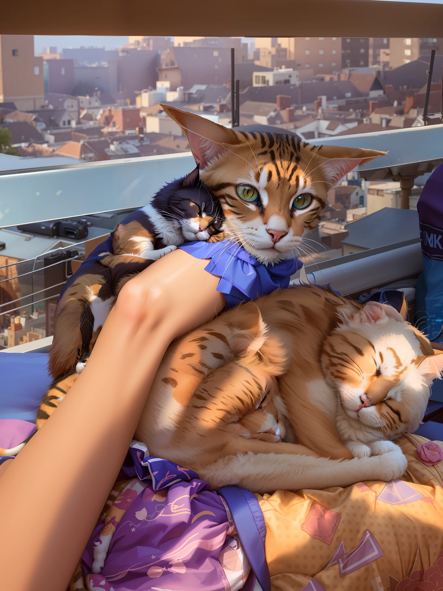 there is a cat that is laying on a person's lap, with small cat on lap, she is holding a cat in her arms, taken with sony alpha 9, holding a cat, there is a cat next to her, two headed cat, sits on a rooftop, cat female with a whit and chest, captured on canon eos r 6, resting on chest