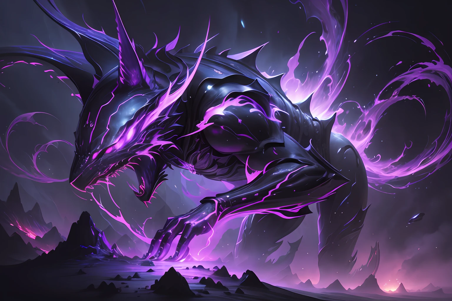 (highly detailed, concept art, digital art, fantasy art, art station, cinematic, best quality, UHD), ((official art)), solo, bright, space, rock, 1boy, male focus, claws, no humans, bright eyes, body made of dark aura, dark aura, flowing darkness, purple and black color scheme, vaporwave light,