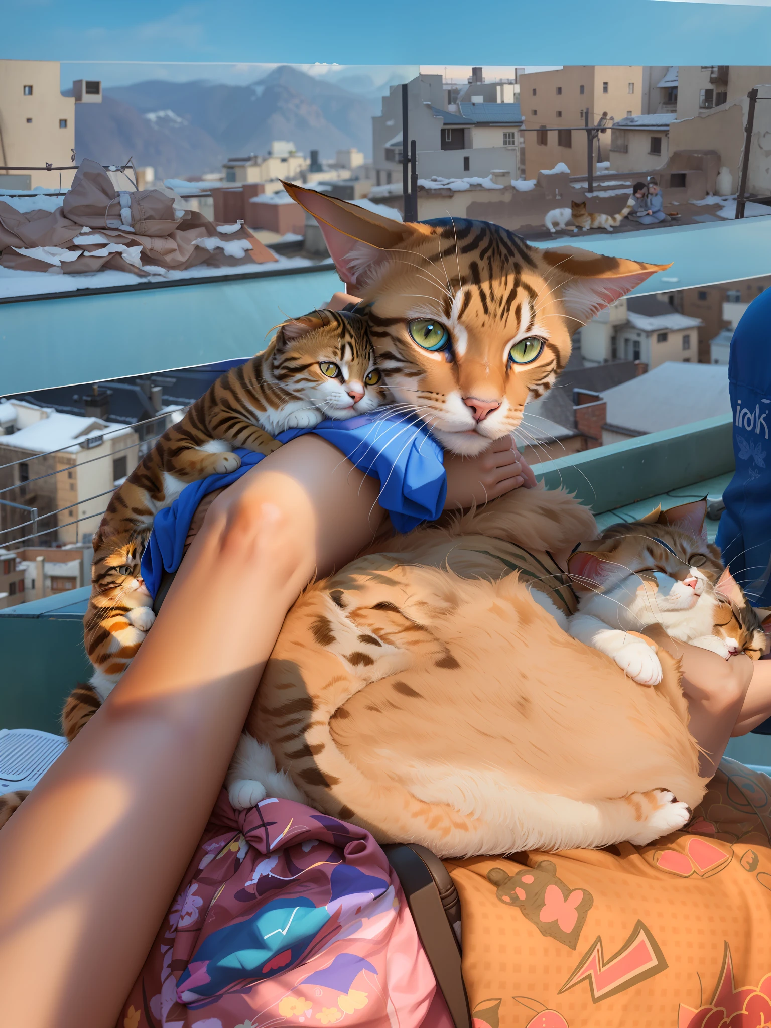 there is a cat that is laying on a person's lap, with small cat on lap, she is holding a cat in her arms, taken with sony alpha 9, holding a cat, there is a cat next to her, two headed cat, sits on a rooftop, cat female with a whit and chest, captured on canon eos r 6, resting on chest