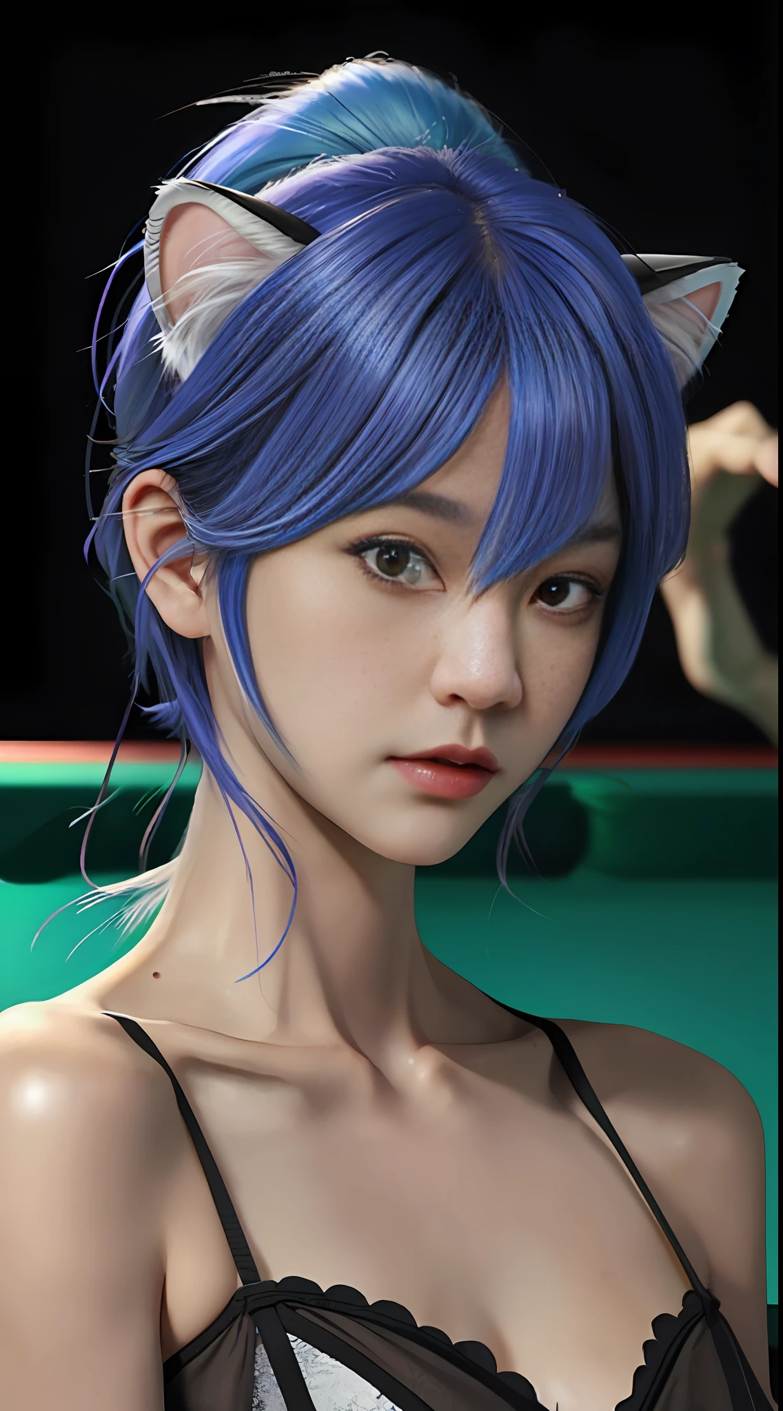 Billiards Queen, Cat Ears, Colored Hair, Collarbone, Close-Up, Delicate Skin, Delicate Face, HUD, 4K, Masterpiece, Best Quality, High Detail, Close-Up, Textured Skin