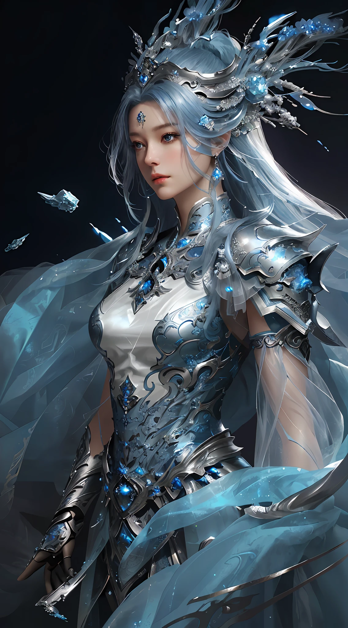 a close up of a woman in a silver and blue dress, chengwei pan on artstation, by Yang J, detailed fantasy art, stunning character art, fanart best artstation, epic exquisite character art, beautiful armor, extremely detailed artgerm, detailed digital anime art, artgerm on artstation pixiv, armor girl