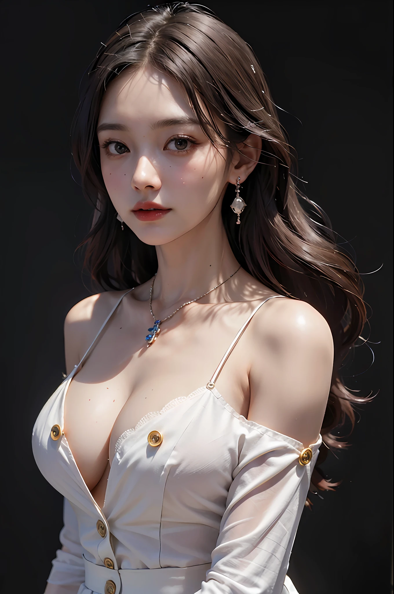 Wearing only one long shirt, (all buttons open: 1.1), big breasts, deep cleavage, best quality, masterpiece, illustration, very delicate and beautiful, very detailed, CG, unity, 8K wallpapers, amazing, fine detail, very detailed CG Unity 8K wallpapers, huge file size, very detailed, high resolution, handsome detail woman, very detailed eyes and face, wonderful detailed eyes, light on face,  (Best Illustration: 1.1), (Best Shadow: 1.1), Ultra High Resolution, (Photoreal: 1.1), (Photo Realistic: 1.2:1.1), Realistic Face Proportions, Slender, Smile, (Makeup: 0.4), (Fluffy Black Eyes: 1.21), Black Eyes, Looking at the Viewer, Dark Brown Hair, Earrings, Necklaces, Hairpins, Cowboy Shots, (Irregular Irregular Skin Imperfections, Veins, Skin Wrinkles Pores: 1.2), (Dark Night Background: 1.2), (Bokeh: 1.4),