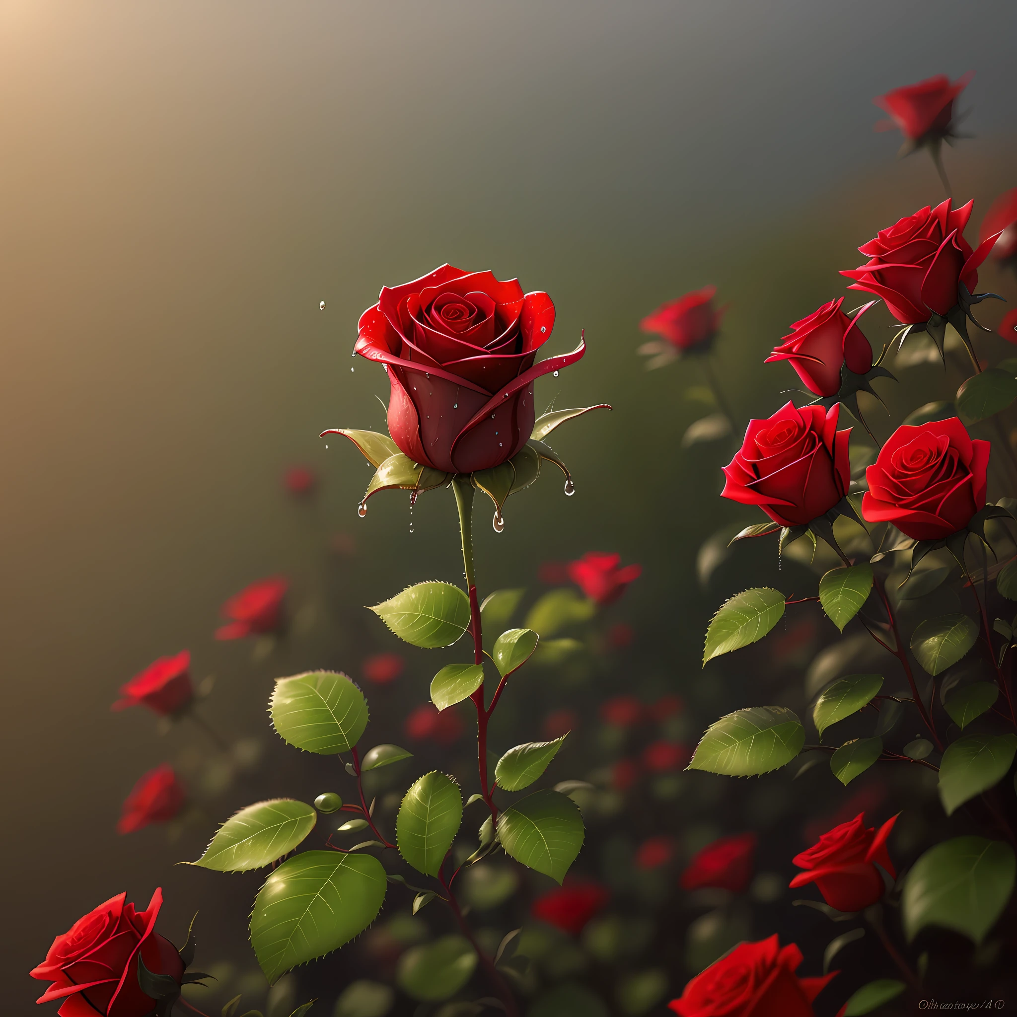 a very beautiful red rose with dew drops, smooth cinematic background, ultra realistic, 4k, HD