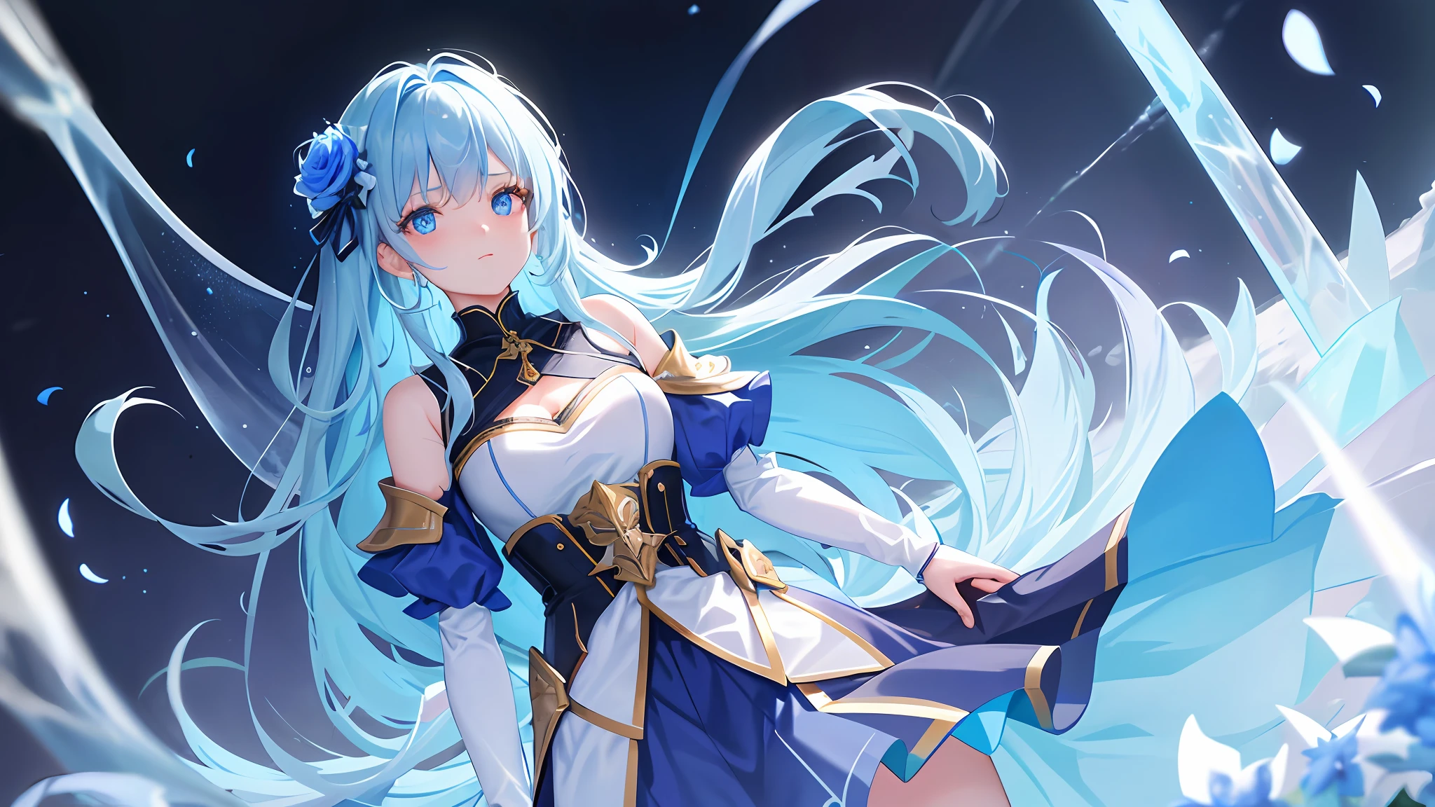 In a frozen battlefield, surrounded by a sea of lightly glowing blue roses, stood a young girl in armor. She looked to be around twenty years old, with sapphire blue hair that cascaded down her back in wild curls and matching blue eyes that sparkled like gems. She stood amidst a pile of bodies, her sword held tightly in her hand.

The girl was not frozen in time, but rather encased in a layer of ice that had preserved her youth and beauty. She had been locked in this icy prison for as long as anyone could remember, a symbol of a long-forgotten battle that had raged on this very spot.

The battlefield was barren and desolate, except for the sea of blue roses that seemed to glow in the frozen sunlight. The flowers were the only signs of life in this icy wasteland, and they seemed to have a life of their own. They swayed in the cold breeze, their petals fluttering gently like a soft whisper.

The girl stood amidst the blue roses, her eyes scanning the battlefield for any signs of life. She had been frozen here for so long that she had lost count of the years. She had seen many battles in her time, but this one had been particularly brutal. The bodies around her were a testament to the fierce fighting that had taken place here.

Despite the horror of the scene, the girl showed no signs of fear or sadness. She seemed almost serene, as if she had come to terms with the fate that had befallen her. Her armor was dented and scratched, but it still gleamed in the frozen sunlight, a reminder of the strength and courage that had brought her to this place.

As she stood there, surrounded by the bodies of fallen soldiers, the girl knew that her time would come. She had been waiting for so long for someone to find her, to free her from this icy prison. But until that day came, she would stand guard over this desolate battlefield, her sword at the ready, her eyes scanning the horizon for any signs of life.

And so, the girl in armor stood frozen in time, her sapphire blue hair and