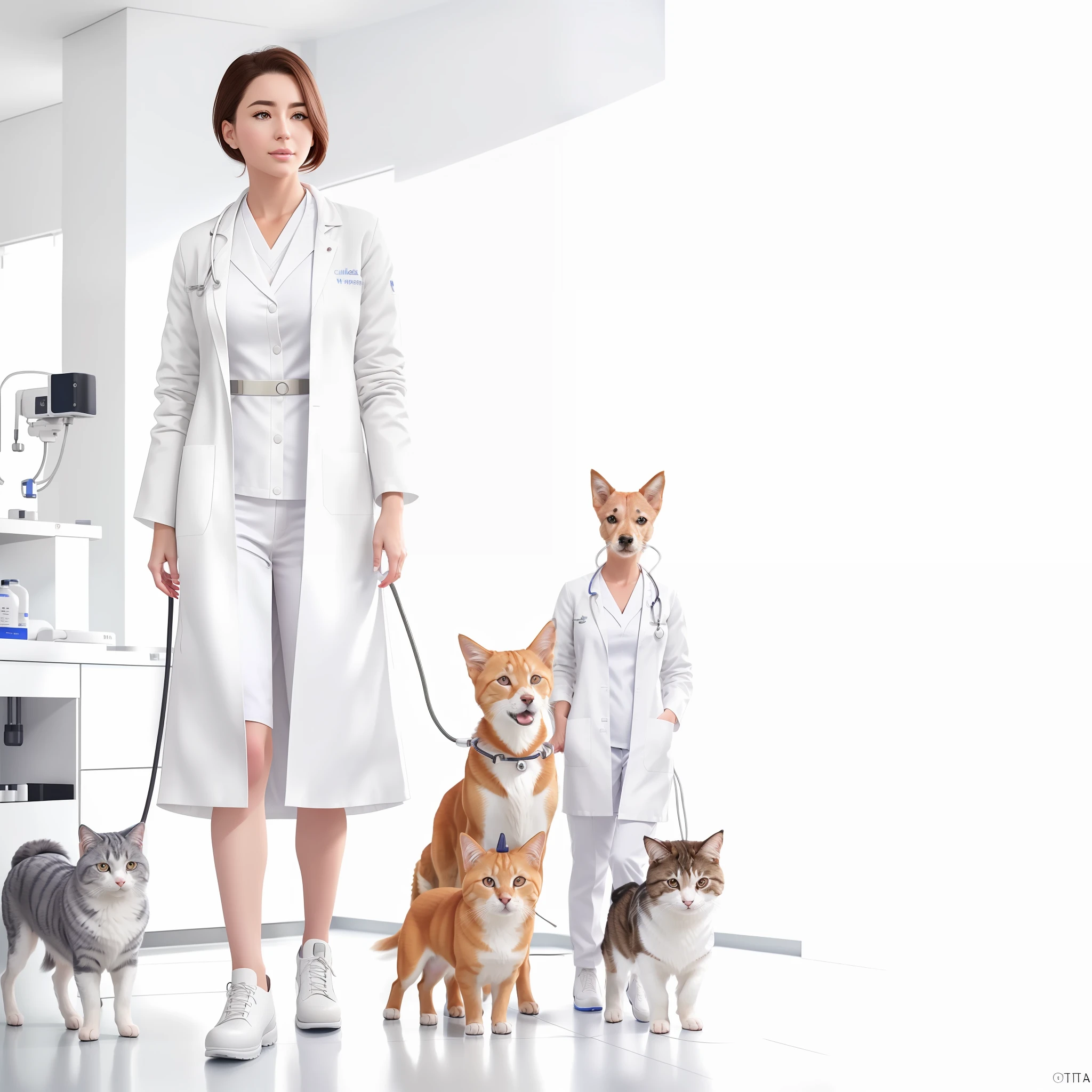 /imagine prompt:modern style, ((vet in white vet coat)), full body, in a veterinary clinic, with dogs and cats, ((ultra realistic)), 8k, intricate detail, coming to perfection, super realistic, photo, dslr, photo pose, looking at camera, ((perfection)), realistic animals