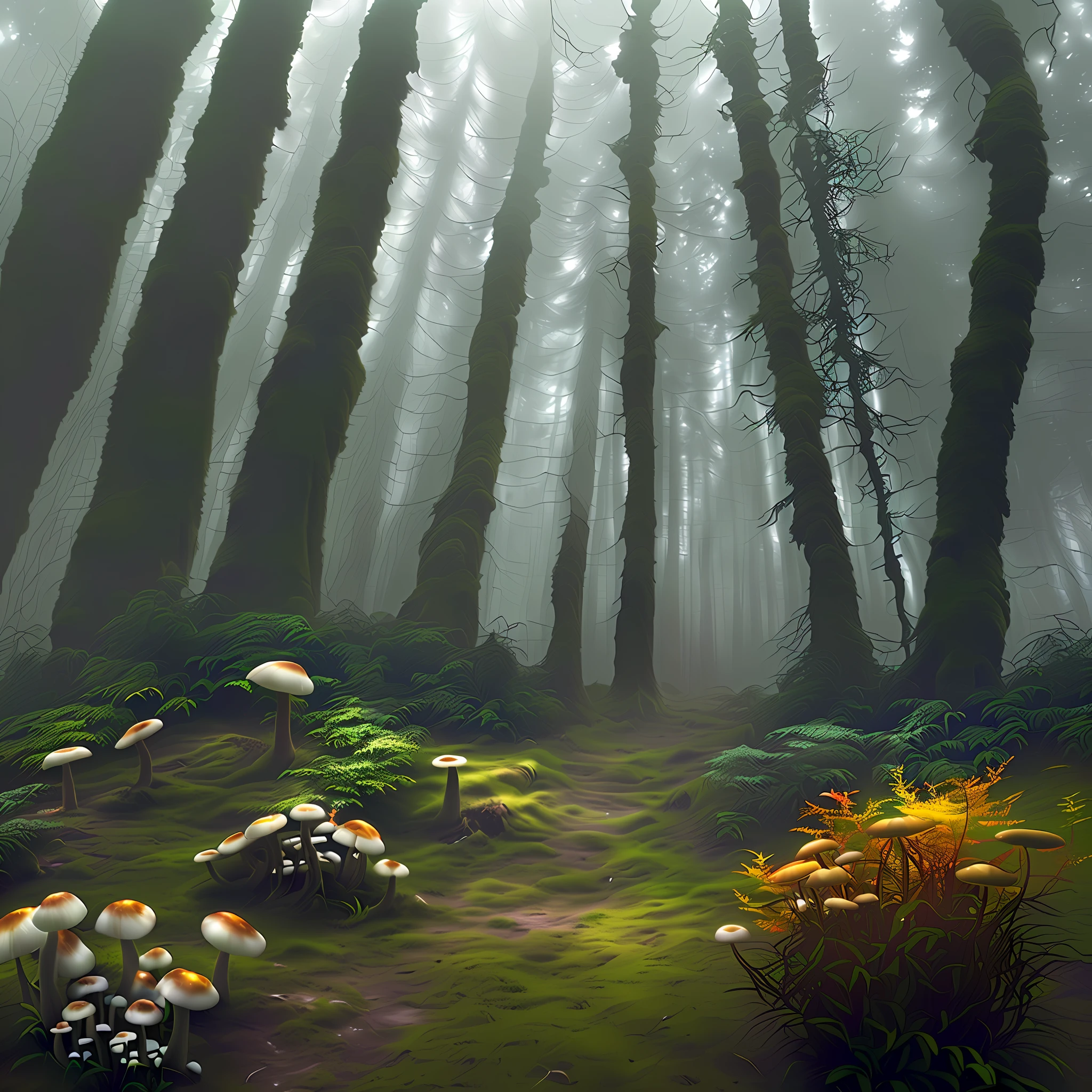 Complex 3D rendering, the best quality, (very detailed CG uniform 8k wallpaper), forest, shrouded in mysterious mist and warm sunlight, dark depth, mysterious psychedelic light, grass, forest theme with otherworldly elements, tall trees, small bright mushrooms, macabre leaves and branches, rusty alien objects, hidden fantastic animals, overlay of images, Intricate, Elegant, Digital Illustration, Scenic, Hyper-realistic, hyper-detailed, 8kl flowervirus