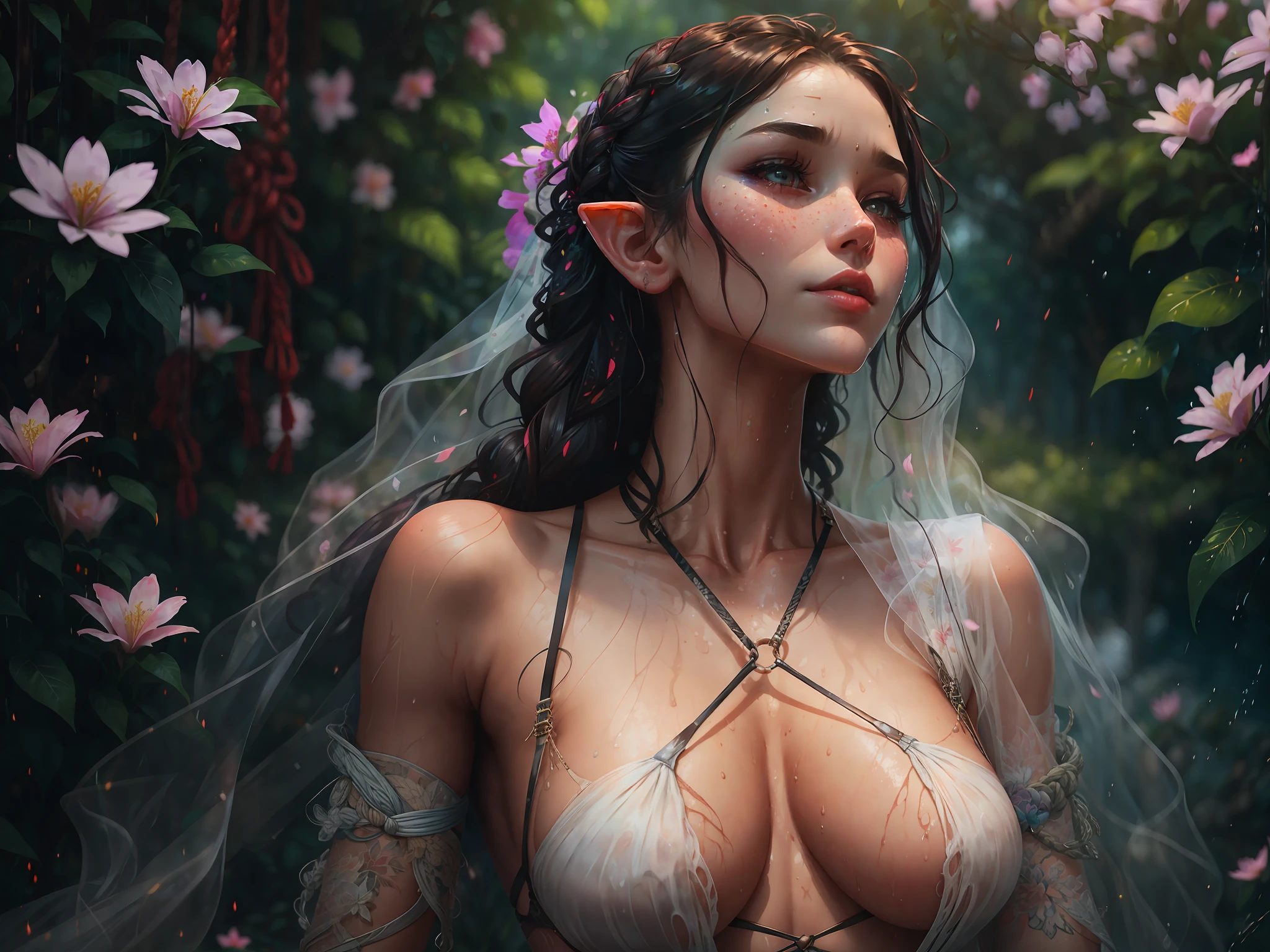 surrounded by men, Passionate affair, Imminent kiss, Wet skin, (Wet hair:0.3), messy, ornate, Soft colors, ((bottomless nude outdoors)) , flirty, by artist eve ventrue, by artist yuumei, veil, see through lacy panty, collar, flowers, vivid colors, HDR, elf, city, braid, ((rope bondage)) milf