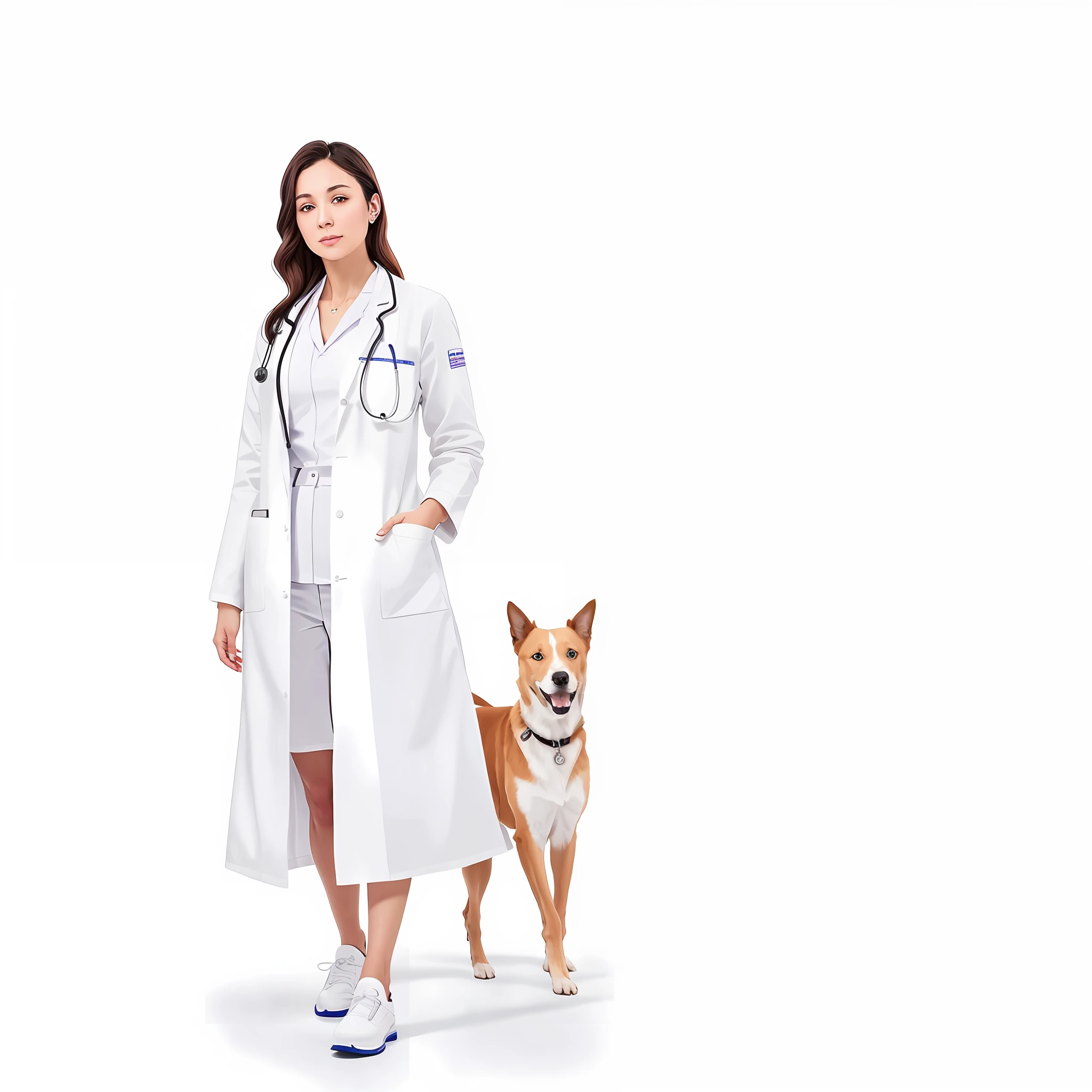 arafed woman in a white coat and a dog standing next to her, wearing a white lab coat, with a lab coat, wearing lab coat, doctor, wearing lab coat and a blouse, wearing a lab coat, medical doctor, clean white lab background, wearing a labcoat, by Emma Andijewska, labcoats, (doctor), white coat, medicine