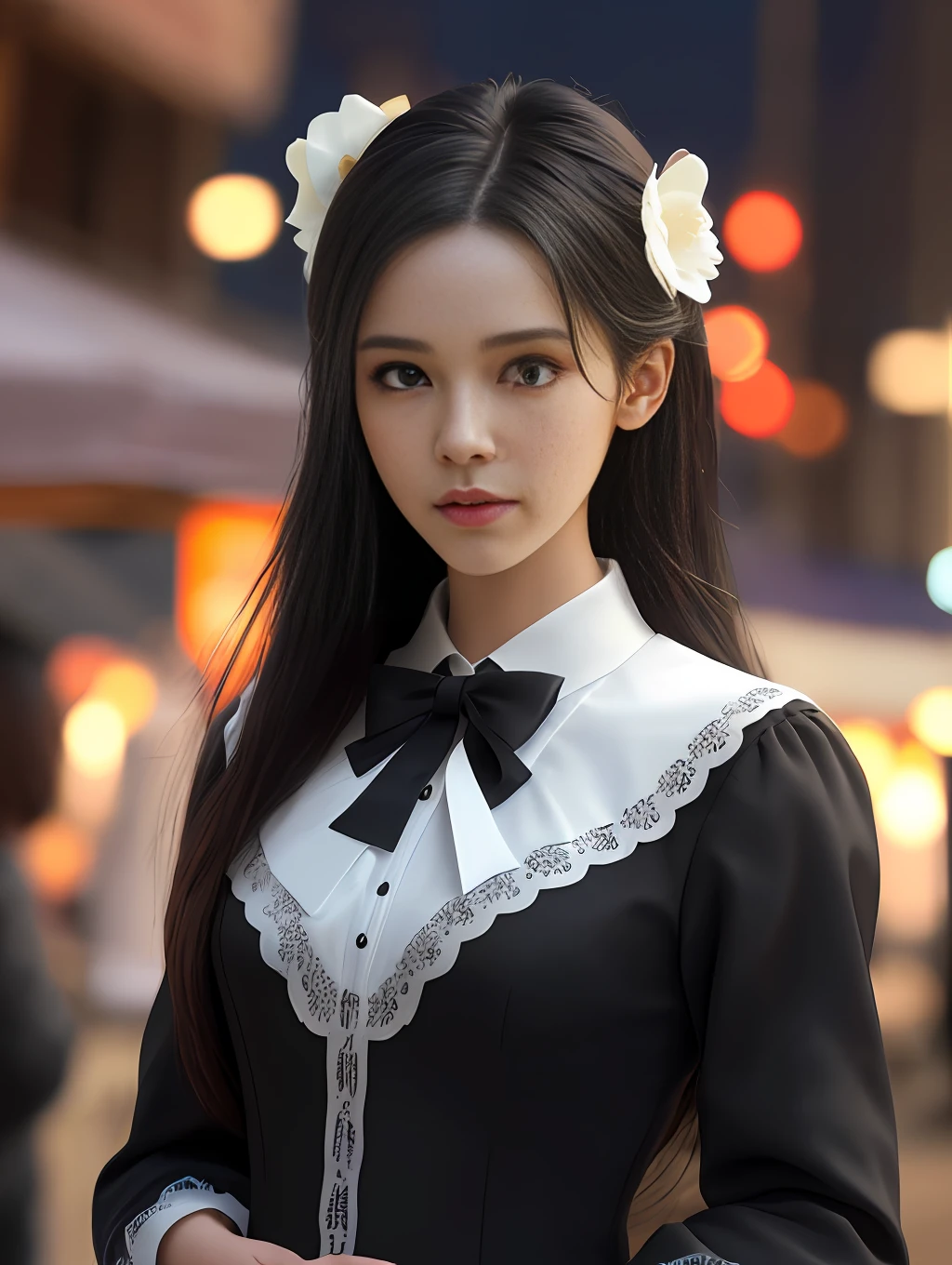 1girl,Sweet girl, princes,college uniform, Natural, Elegant,Cute,(perfect big eyes:1.2),black long hair,Perfect nose, small chest, holding flowers,extreme hand details,cute,(at the night market),RAW,16k,(masterpiece:1.5), best quality, intricate details,ultra highres,extremely detailed, wallpaper,Unreal 5 Engine ,ray tracing,Artstation extreme artistic detail,dynamic lighting,extremely detailed,(photorealistic:1.5),sharpen,depth of field, complex 3d render ultra detailed,octane render,Completed facial features,