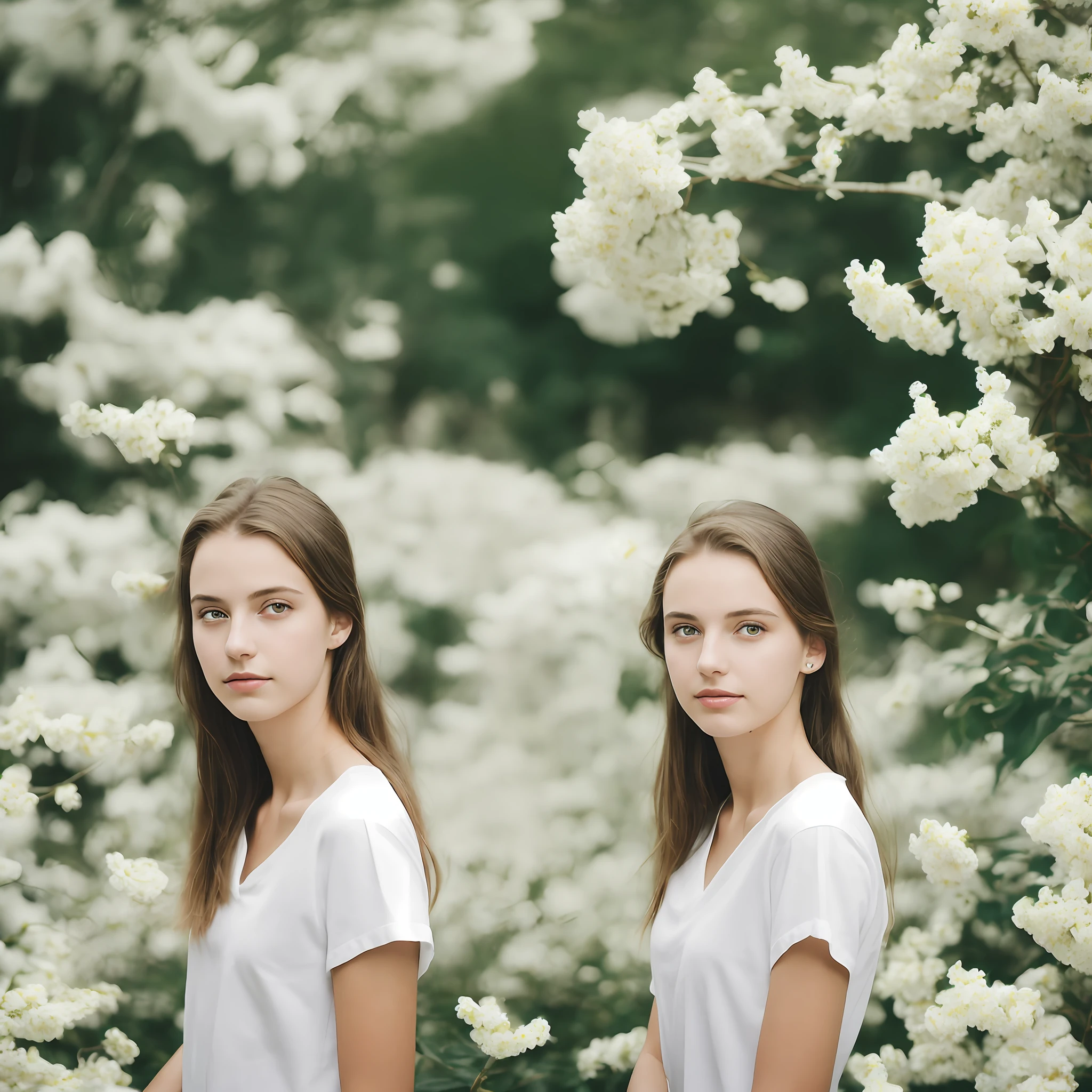 Sad theme , (best quality, masterpiece:1.2), 18yo beautiful girl in garden, white shirt, (white flowers mess in background:1.3), shoot the Sony a7,3.5 mm Lens, f 1.8 apature, lighting glow effect,no retouching,raw photo realistic, skin texture is very detail ,no makeup,