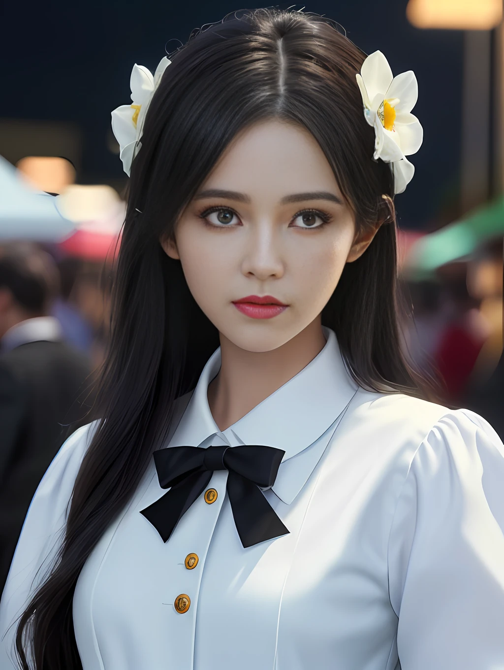 1girl,Sweet girl, princes,college uniform, Natural, Elegant,Cute,(perfect big eyes:1.2),black long hair,Perfect nose, small chest, holding flowers,extreme hand details,cute,(at the night market),RAW,16k,(masterpiece:1.5), best quality, intricate details,ultra highres,extremely detailed, wallpaper,Unreal 5 Engine ,ray tracing,Artstation extreme artistic detail,dynamic lighting,extremely detailed,(photorealistic:1.5),sharpen,depth of field, complex 3d render ultra detailed,octane render,Completed facial features,