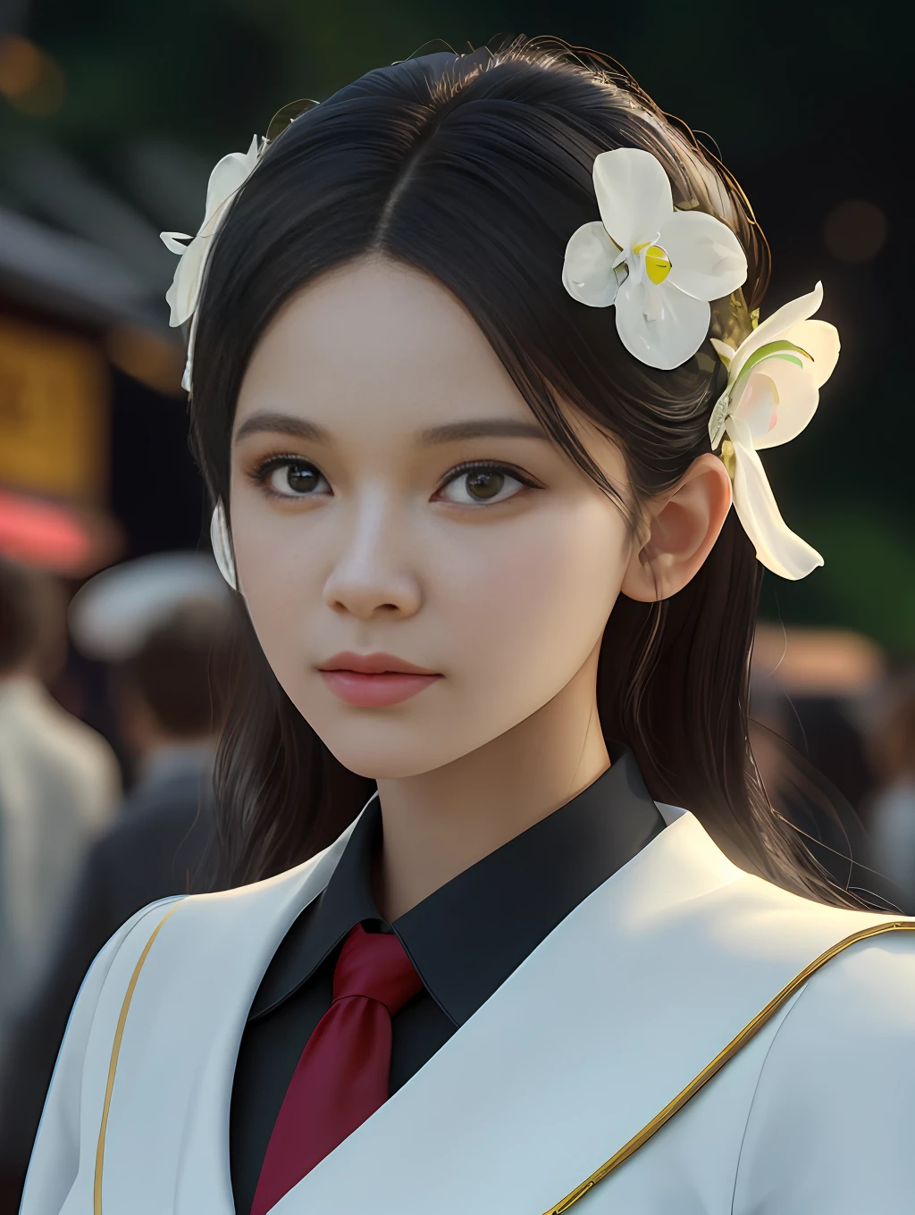 1girl,Sweet girl, princes,college uniform, Natural, Elegant,Cute,(perfect big eyes:1.2),black long hair,Perfect nose, small chest, holding flowers,extreme hand details,cute,(at the night market),RAW,16k,(masterpiece:1.5), best quality, intricate details,ultra highres,extremely detailed, wallpaper,Unreal 5 Engine ,ray tracing,Artstation extreme artistic detail,dynamic lighting,extremely detailed,(photorealistic:1.5),sharpen,depth of field, complex 3d render ultra detailed,octane render,Completed facial features,